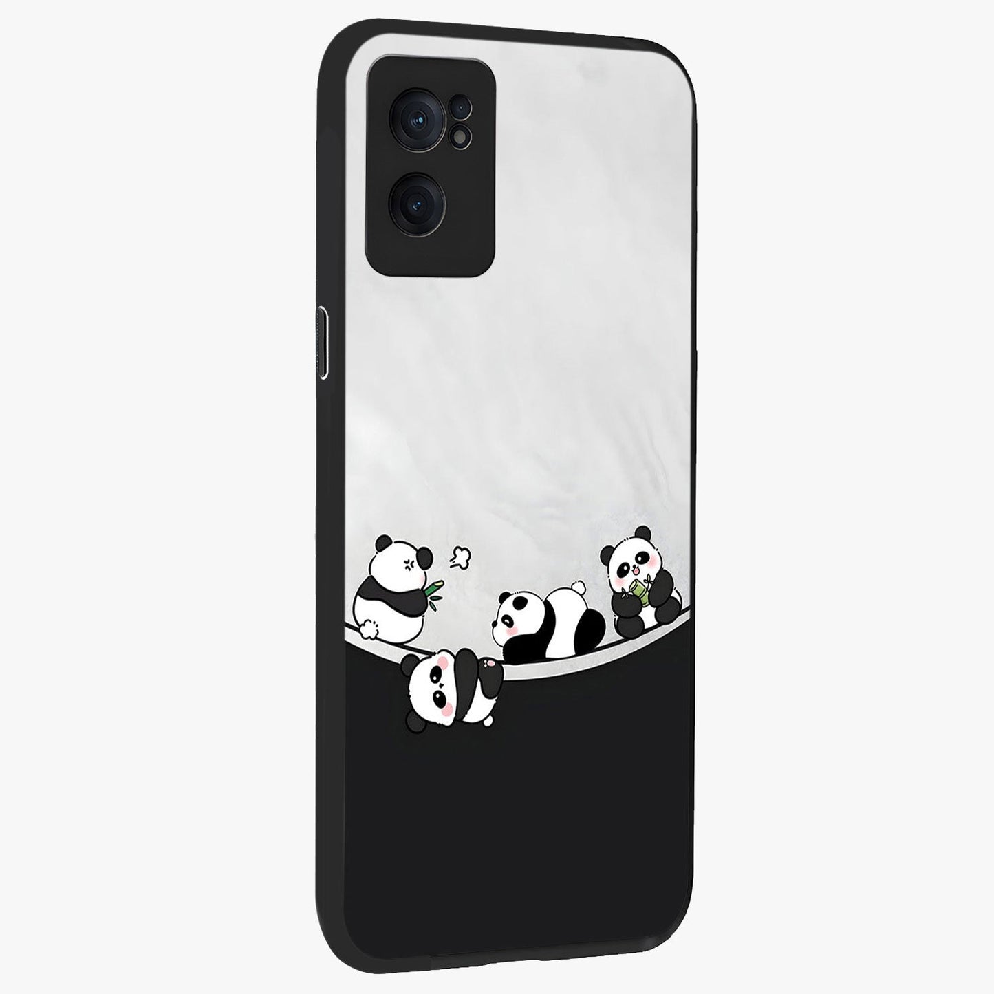 Playful Panda Parade Glass Case for 1+Nord Ce 2 angled mockup showcasing glossy finish and soft pastel tones