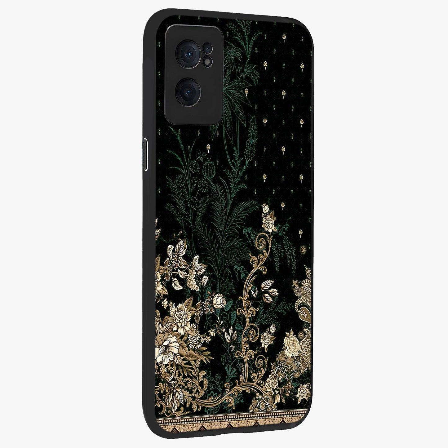 Regal Botanical Tapestry Glass Case for 1+Nord Ce 2 angled mockup showcasing glossy finish and rich heritage tones