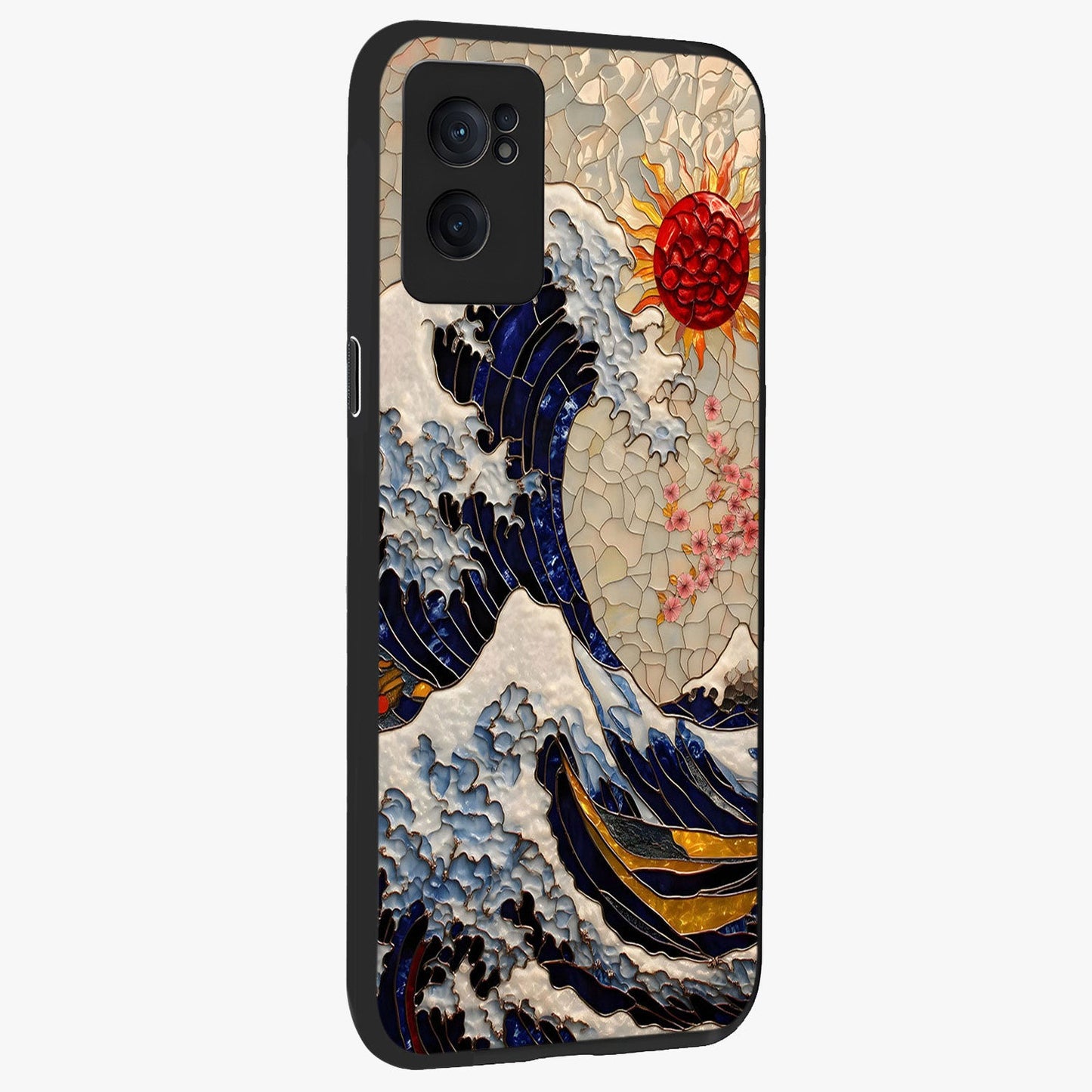 Rising Wave Glory Glass Case for 1+Nord CE 2 angled mockup showcasing glossy finish and bold ocean tones