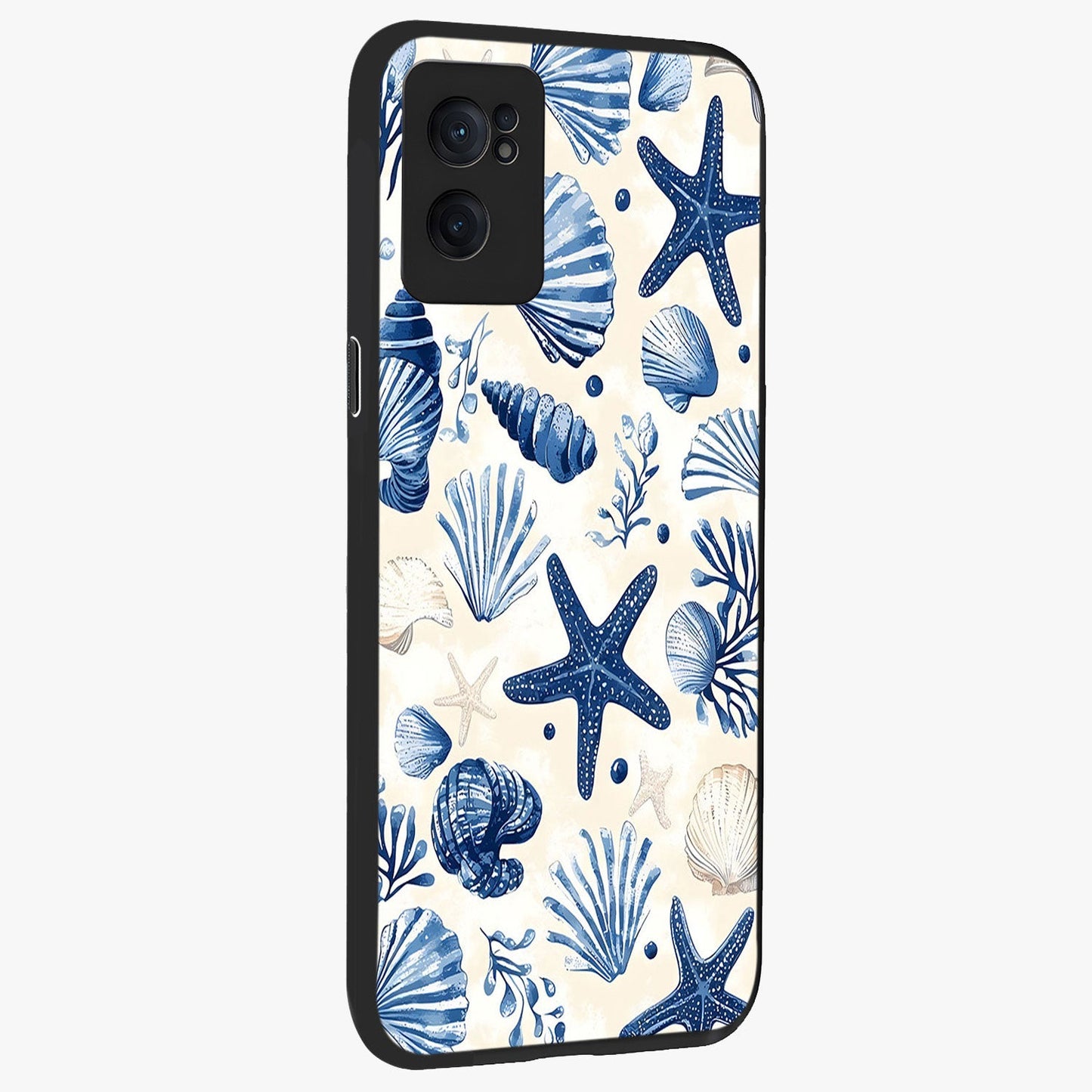 Seaside Starfish Magic Glass Case for 1+Nord Ce 2 angled mockup showcasing glossy finish and coastal pastel detailing