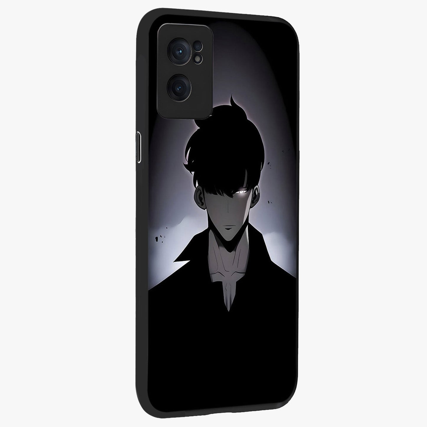 Silent Shadow Awakening Glass Case for 1+Nord Ce 2 angled mockup showcasing glossy finish and dramatic shadow detailing