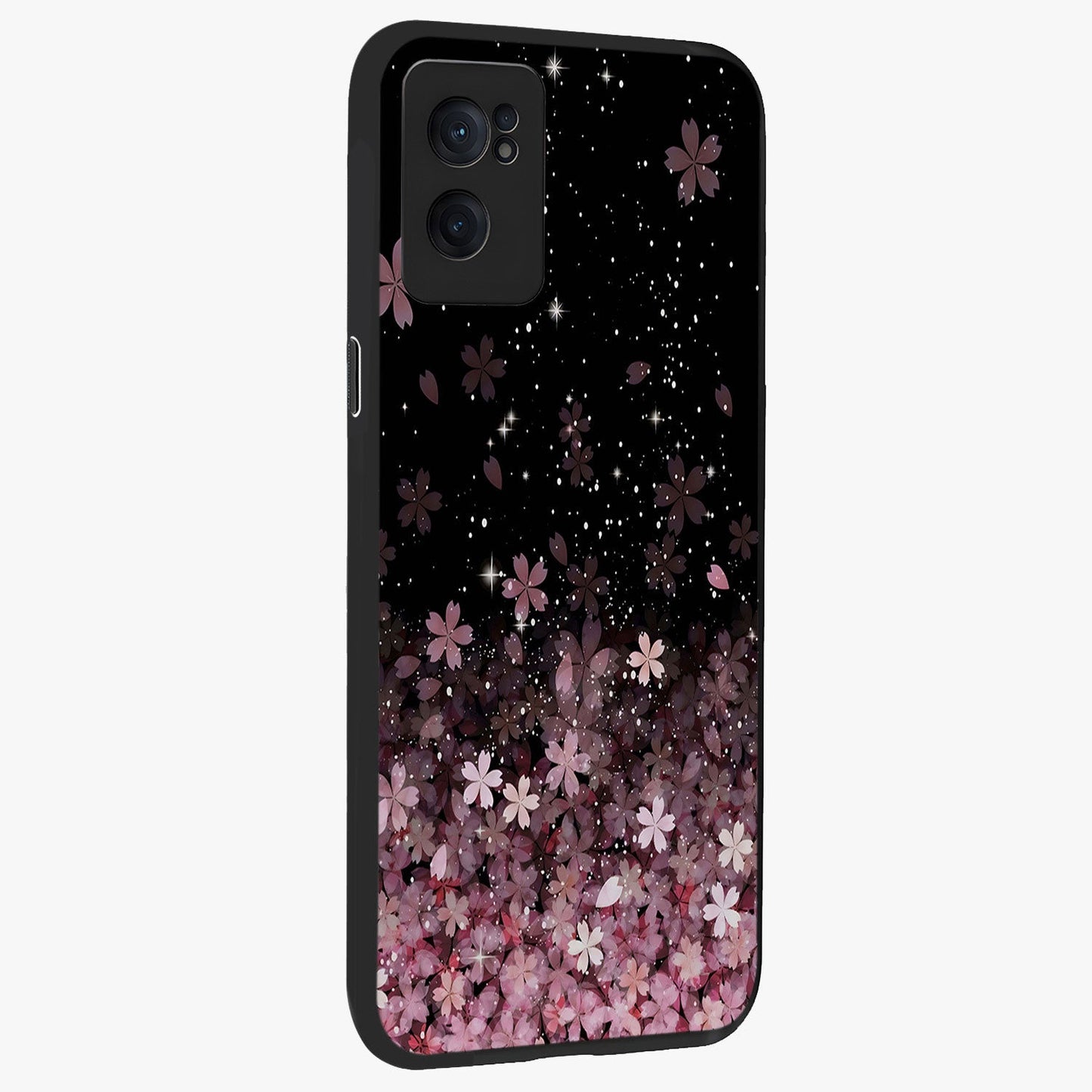 Small Starry Flowers Glass Case for 1+Nord Ce 2 angled mockup showcasing glossy finish and soft pastel tones