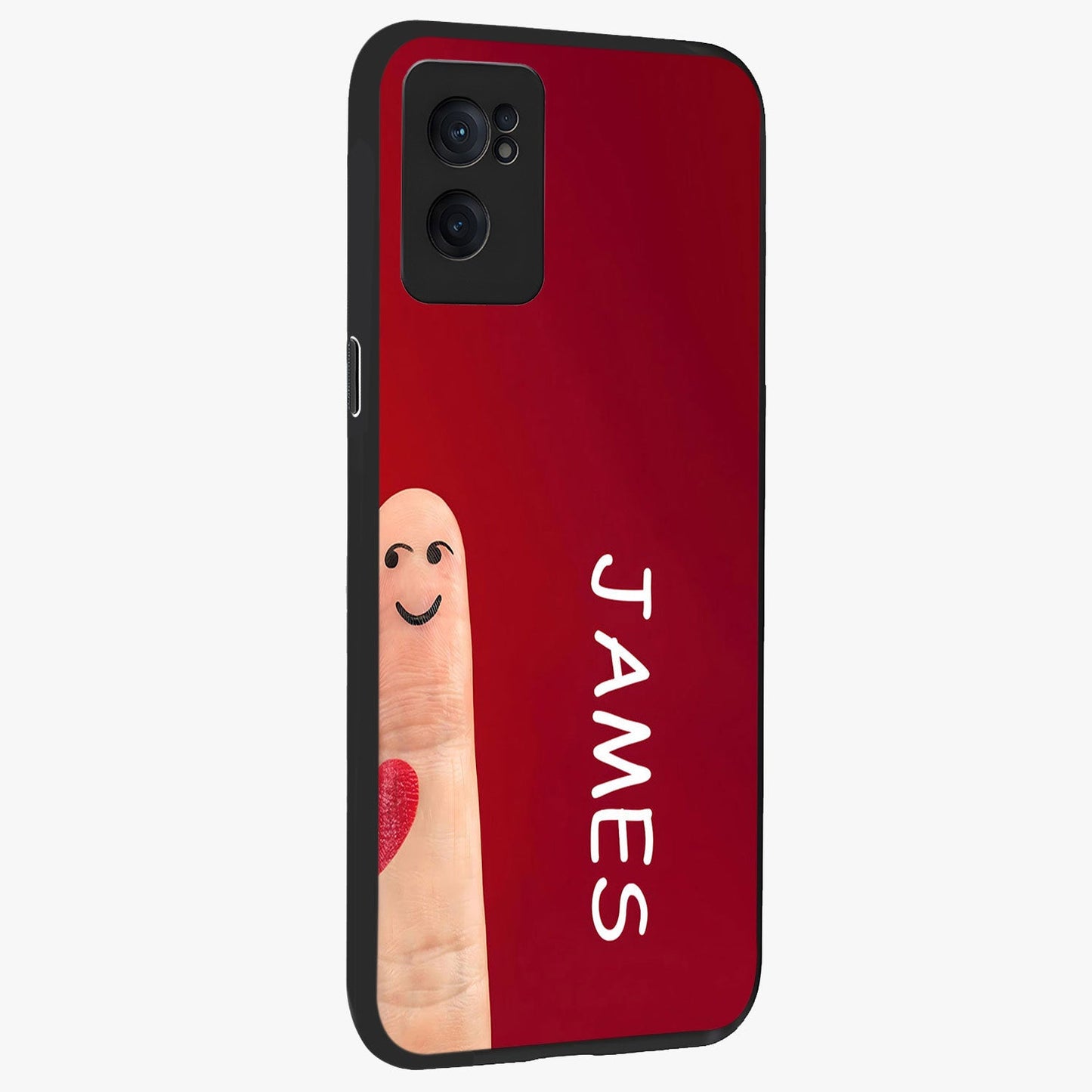 Smiling Heart Bond Glass Case for 1+Nord Ce 2 angled mockup showcasing glossy finish and cheerful detailing