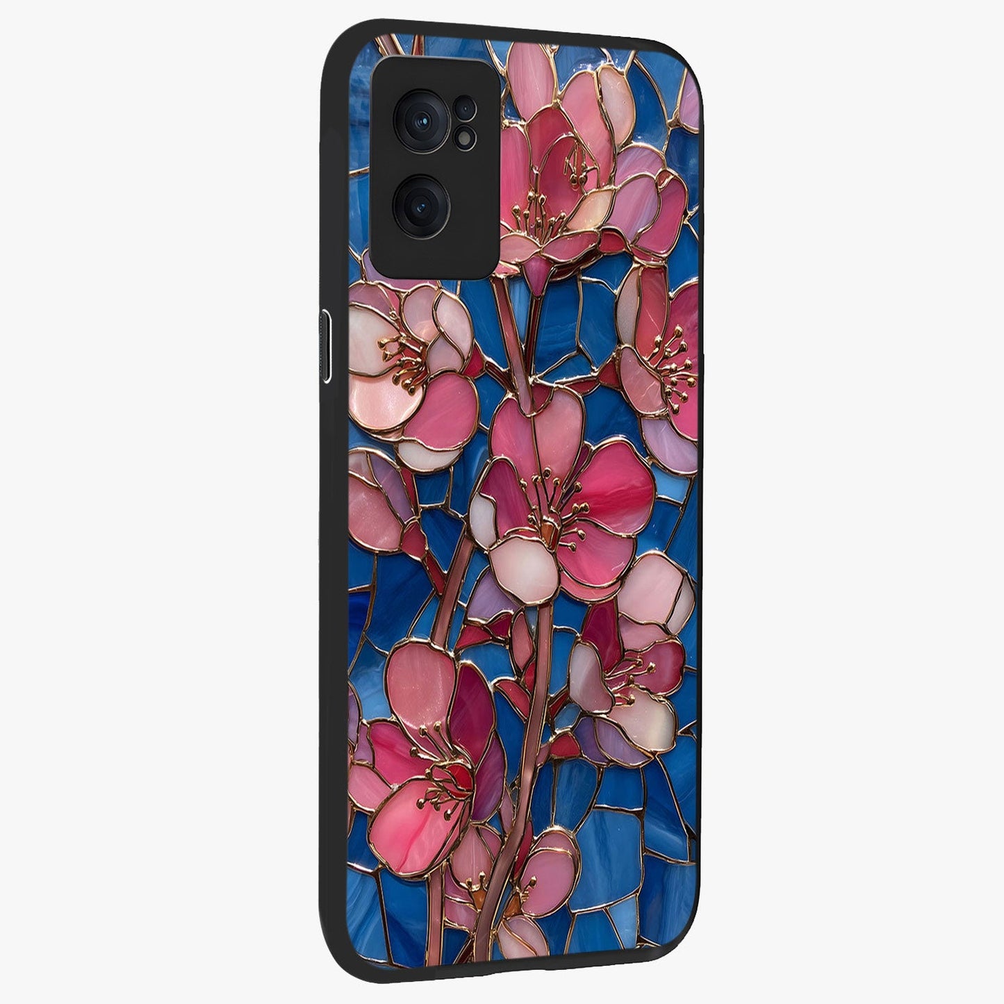 Stained Bloom Grace Glass Case for 1+Nord CE 2 angled mockup showcasing glossy finish and vibrant mosaic tones