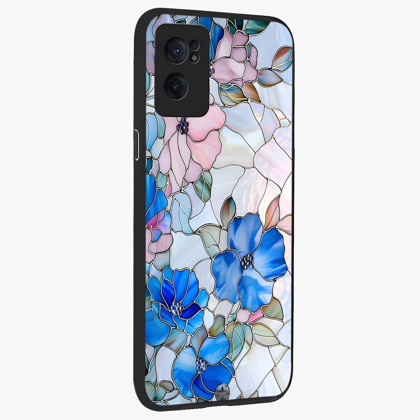 Stained Blue Floral Glass Case for 1+Nord Ce 2 angled mockup showcasing glossy glass finish and rich sapphire tones