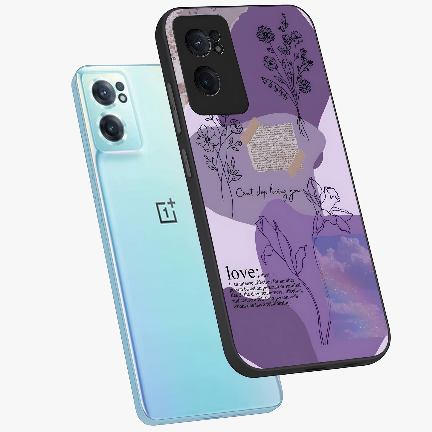 Aesthetic Love With Flower Glass Case for 1+Nord Ce 2 side perspective highlighting delicate flower illustration details