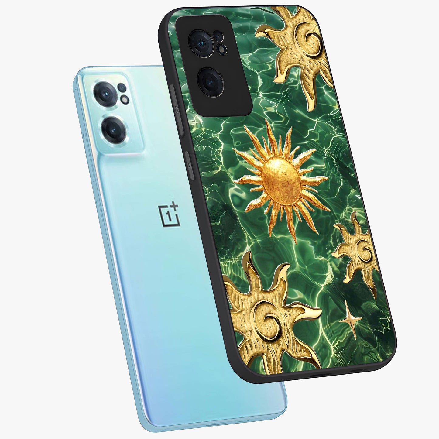 Aqua Sun Mirage Glass Case for 1+Nord Ce 2 side perspective highlighting bold mirage style design details