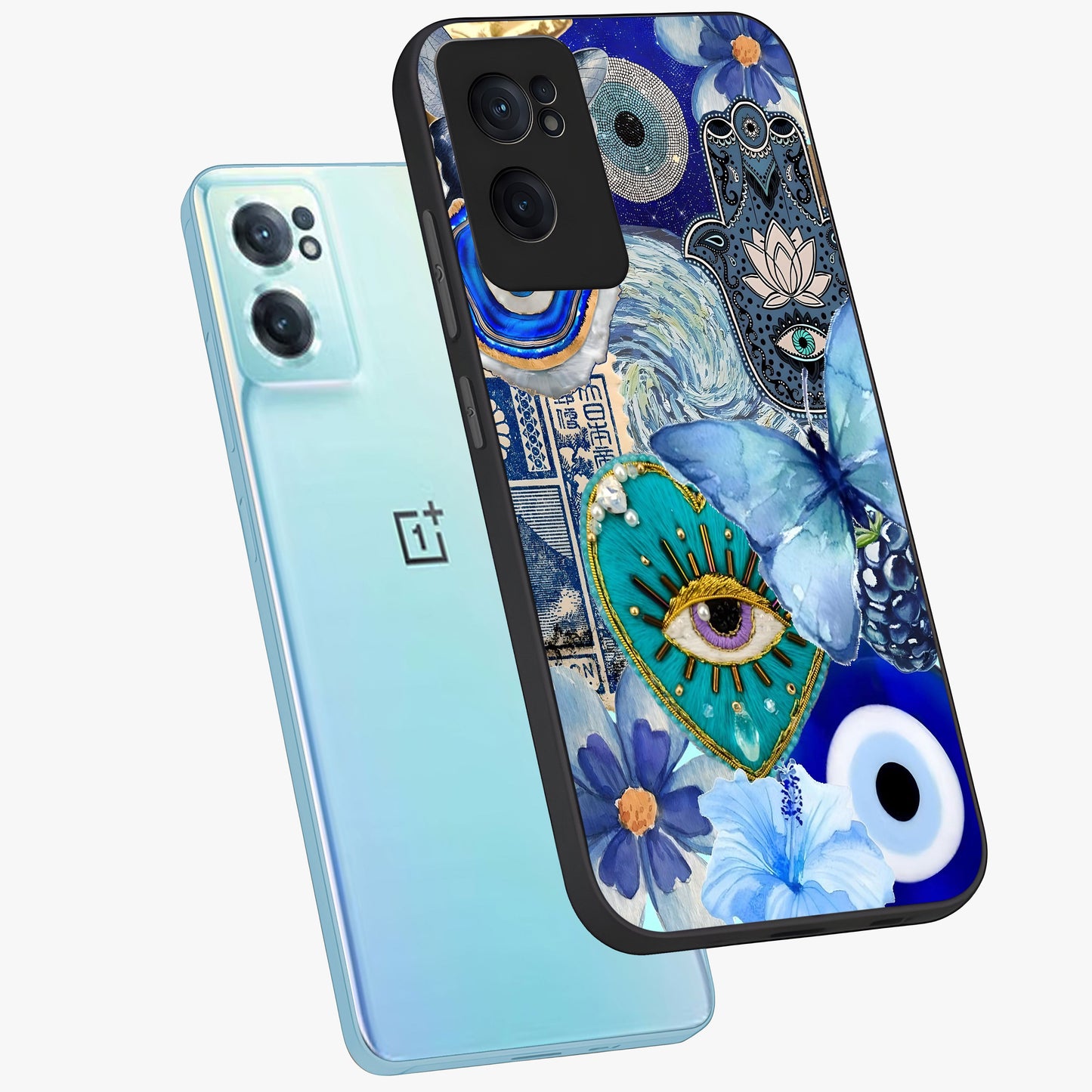 Audrey Zivan Glass Case for 1+Nord Ce 2 side perspective highlighting sleek build and premium print detailing