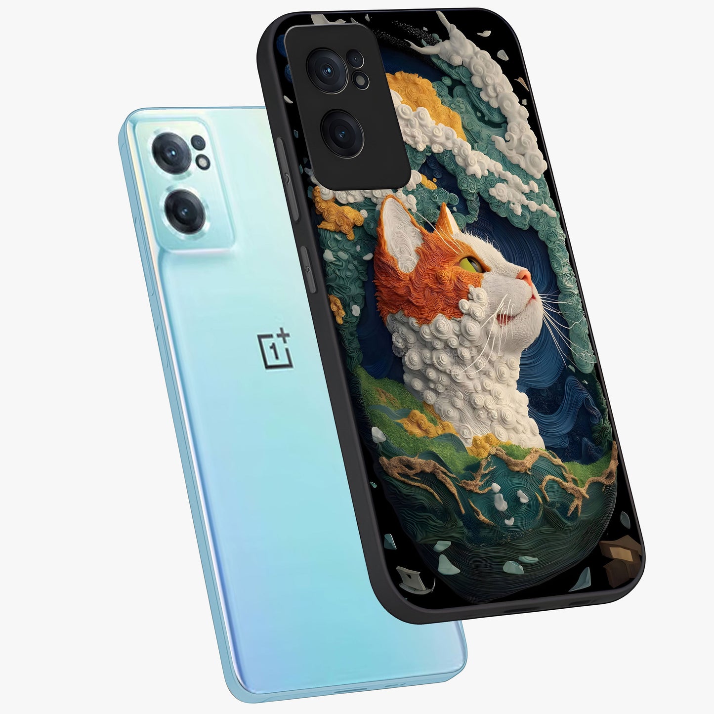 Aurora Cat Dreams Glass Case for 1+Nord Ce 2 side perspective highlighting detailed feline illustration and smooth edges