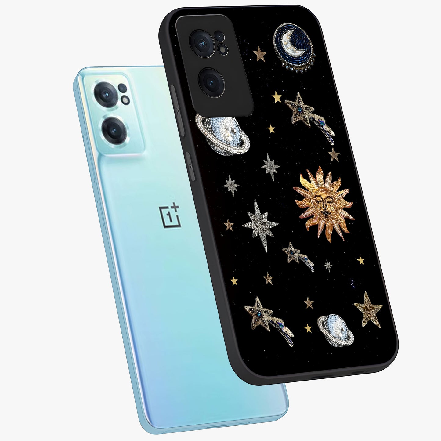 Beaded Cosmic Dreams Glass Case for 1+Nord Ce 2 side perspective highlighting intricate beaded cosmic textures