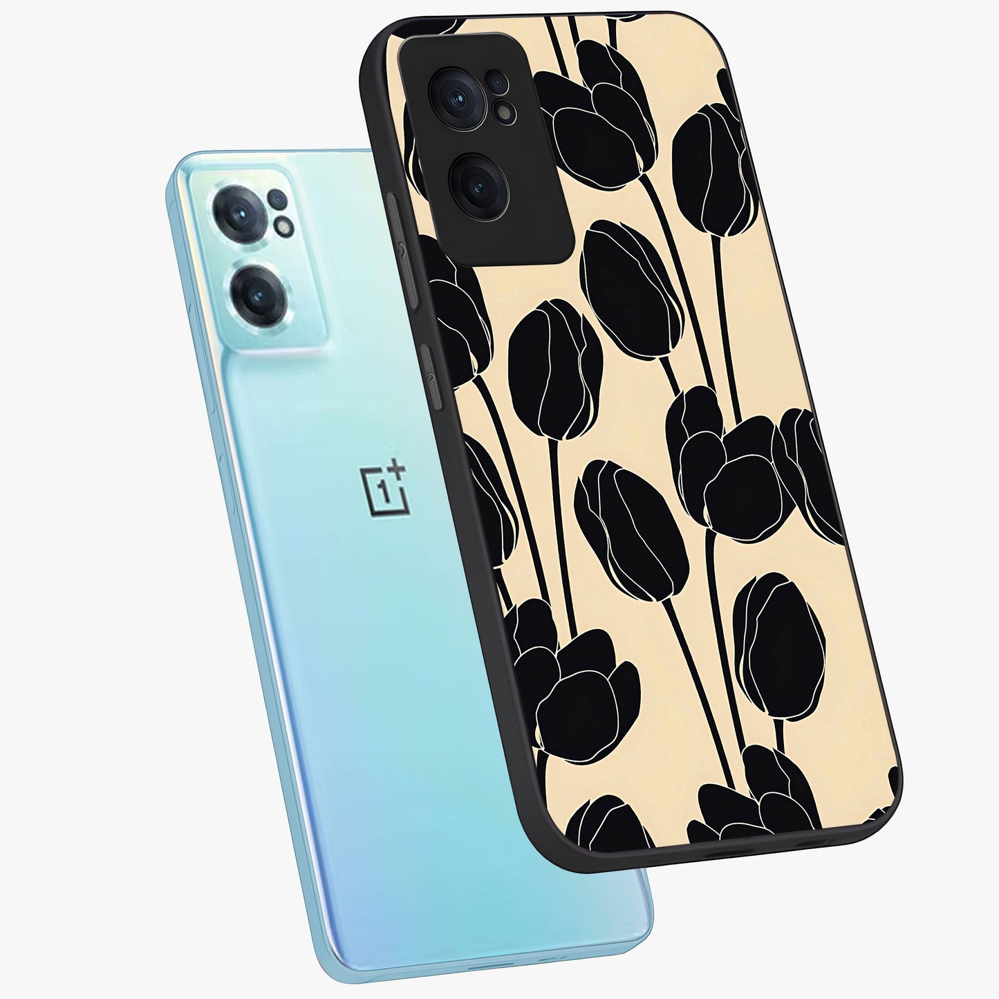 Black Designer Tulip Glass Case for 1+Nord Ce 2 side perspective highlighting bold contrast and stylish tulip illustration
