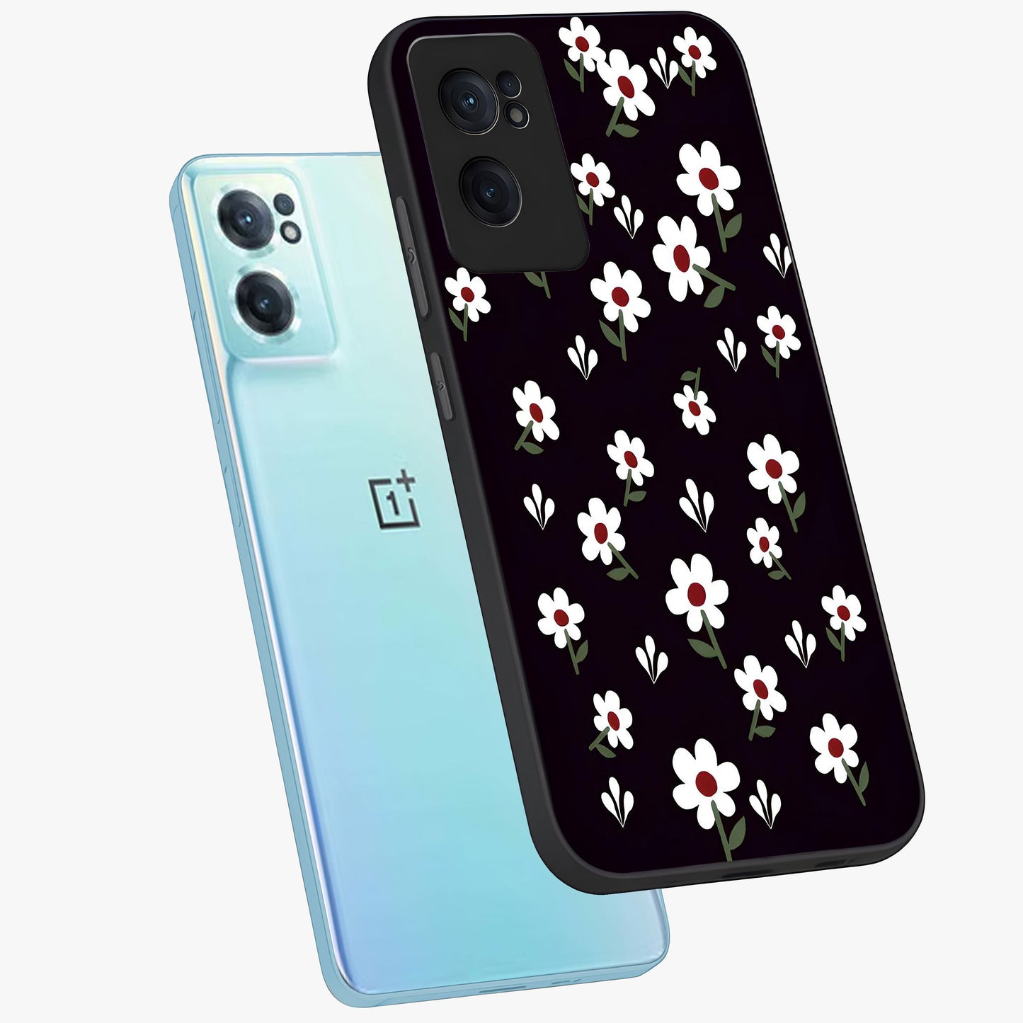 Black Prints Daisy Flower Pattern Glass Case for 1+Nord Ce 2 side perspective highlighting delicate daisy details and smooth edges