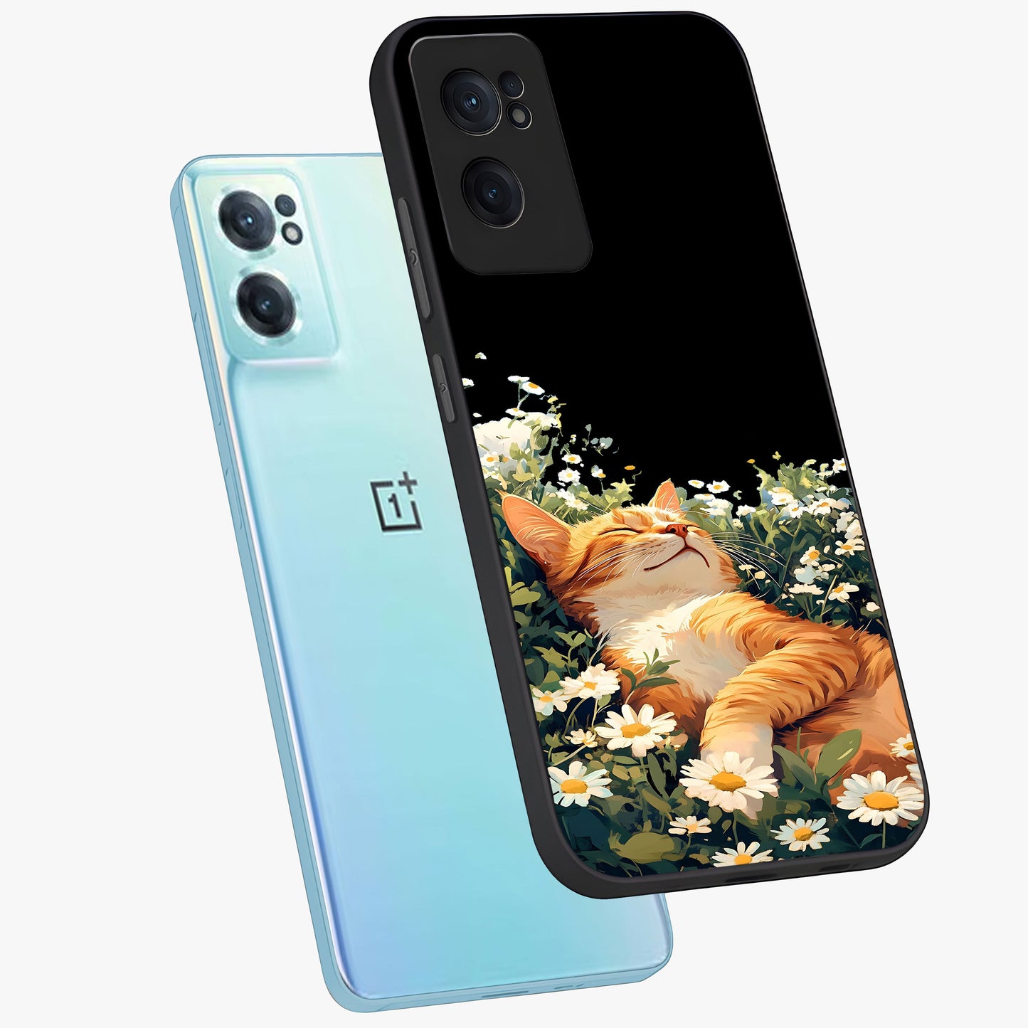 Blissful Bloom Cat Glass Case for 1+Nord Ce 2 side perspective highlighting cute feline illustration and premium edges