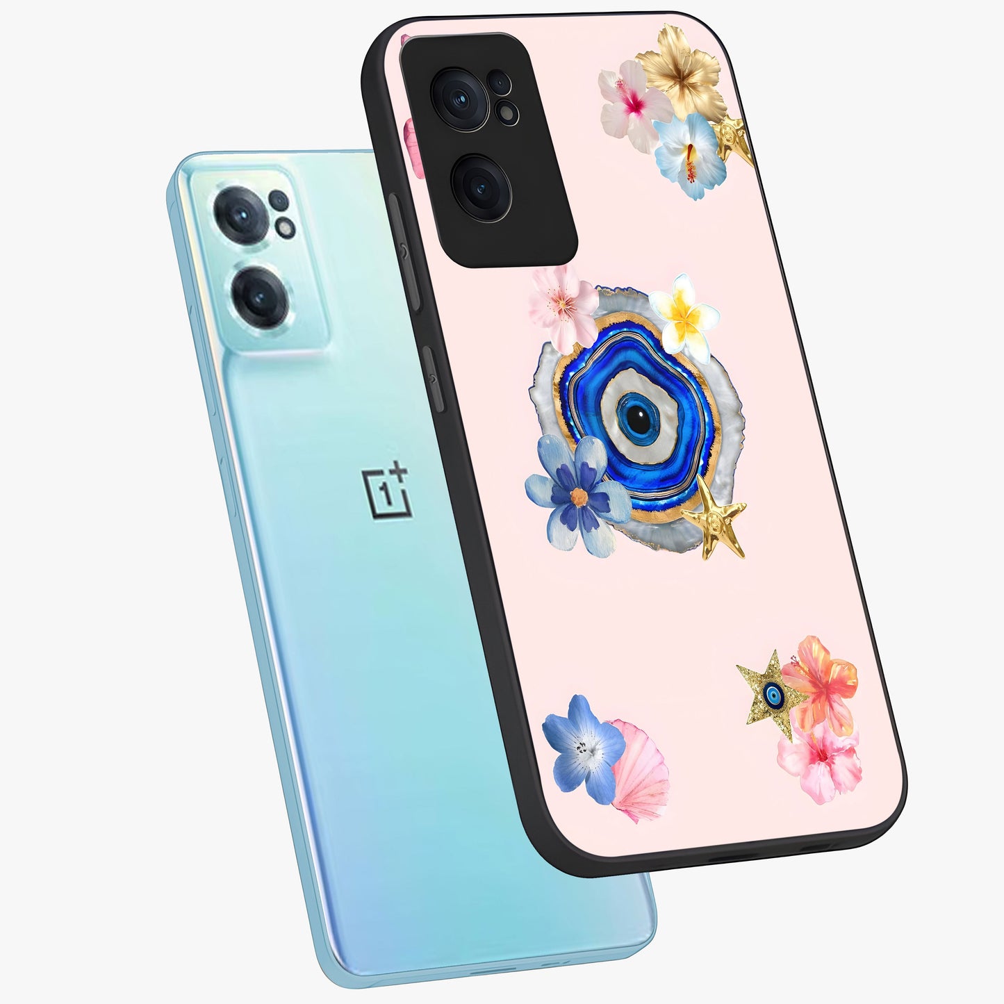 Blossom Evil Charm Glass Case for 1+Nord CE 2 side perspective highlighting delicate blossom detailing and bold symbol contrast