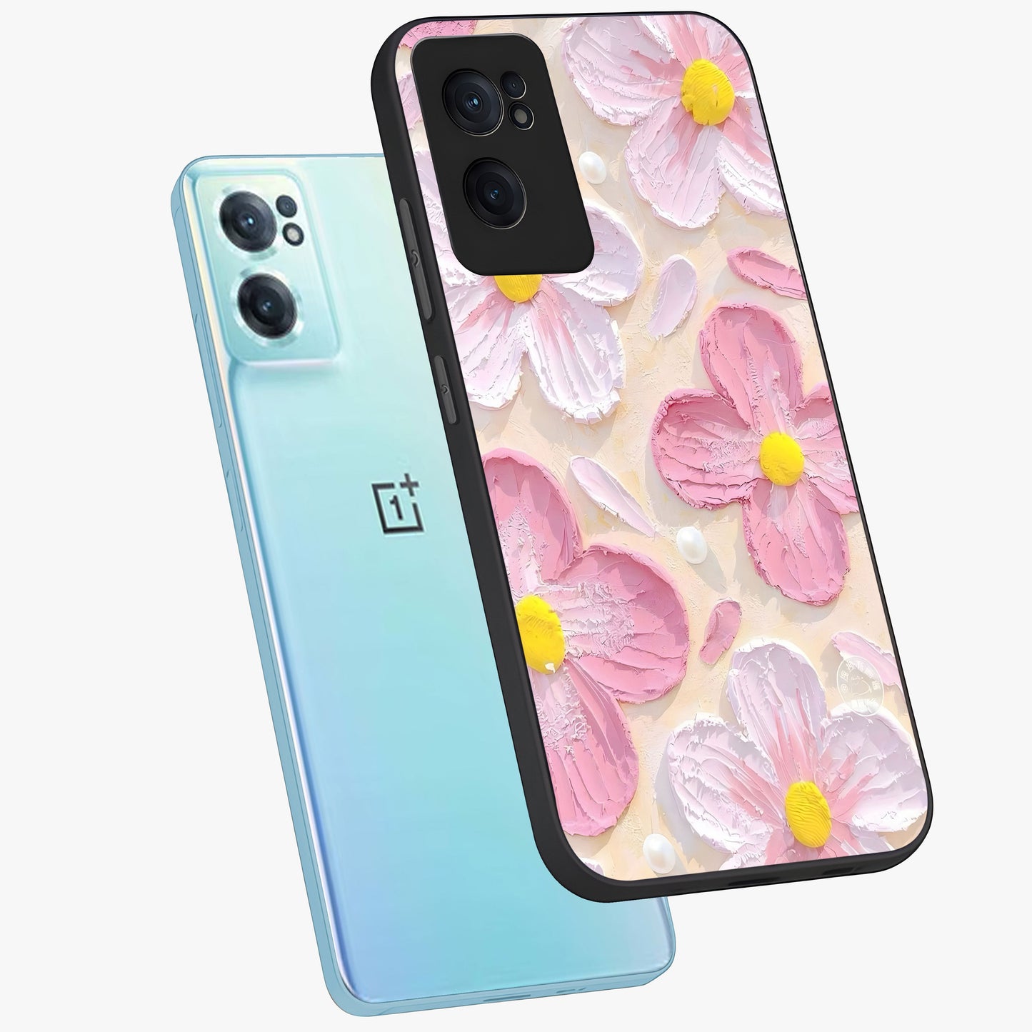 Blush Bloom Texture Glass Case for 1+Nord Ce 2 side perspective highlighting rich floral textures and smooth edges