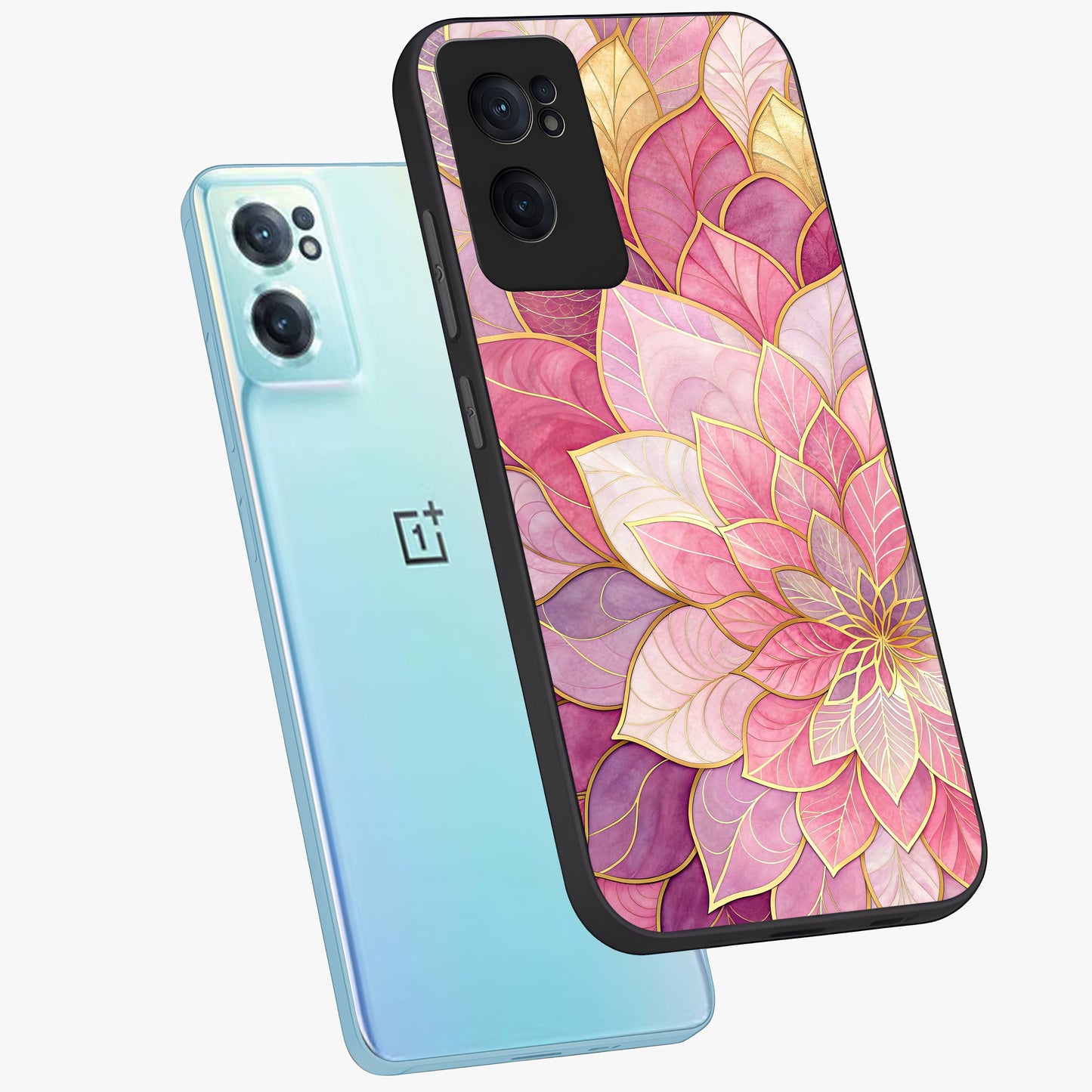 Blush Luxe Bloom Glass Case for 1+Nord Ce 2 side perspective highlighting elegant floral textures and sleek edges