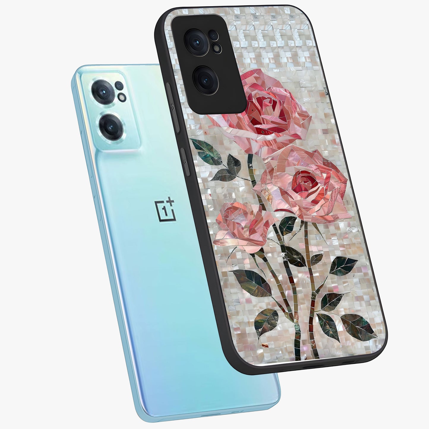 Blush Mosaic Bloom Glass Case for 1+Nord Ce 2 side perspective highlighting vibrant floral geometry and premium finish