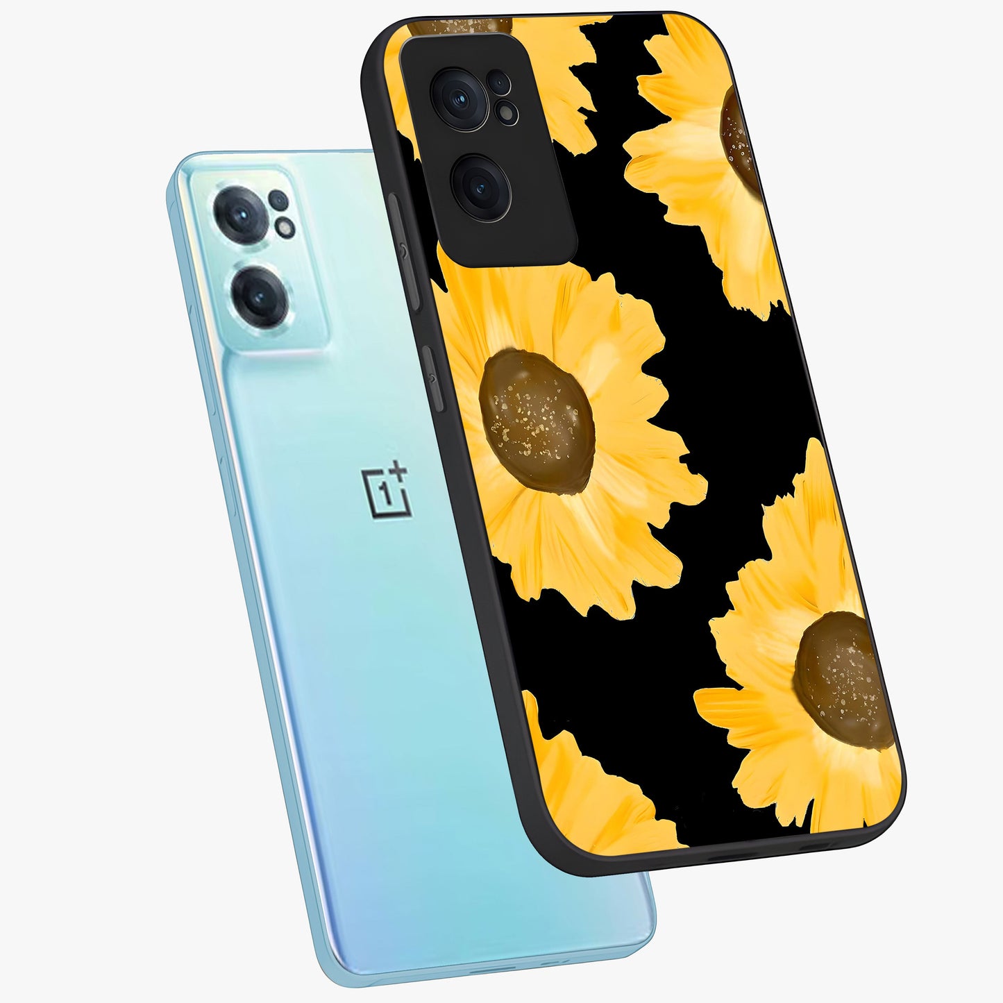 Bold Sunflowers Glow Glass Case for 1+Nord Ce 2 side perspective highlighting rich yellow hues and premium edge finish