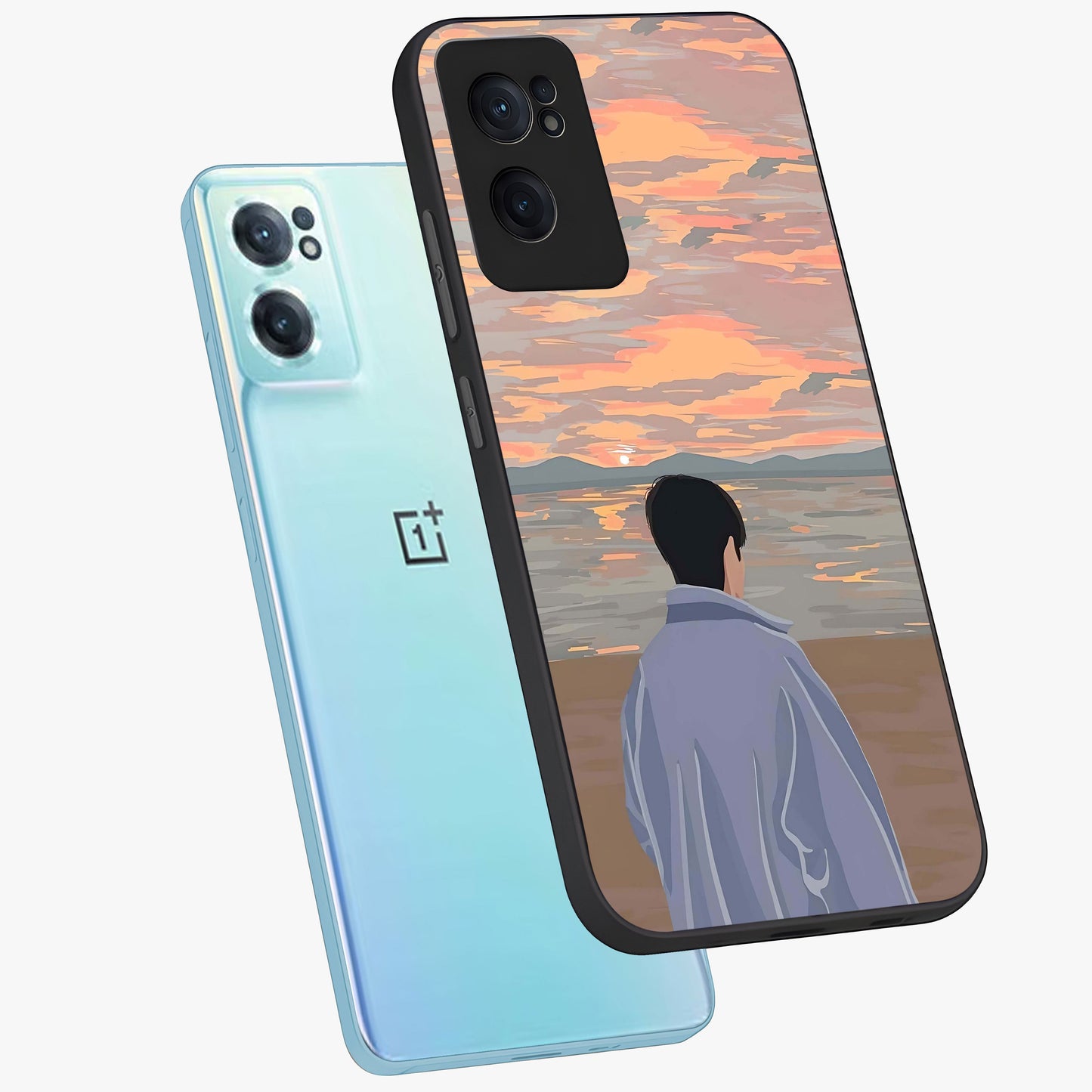 Boy Facing Sunset Beach Glass Case for 1+Nord Ce 2 side perspective highlighting calming sunset gradients and smooth edges