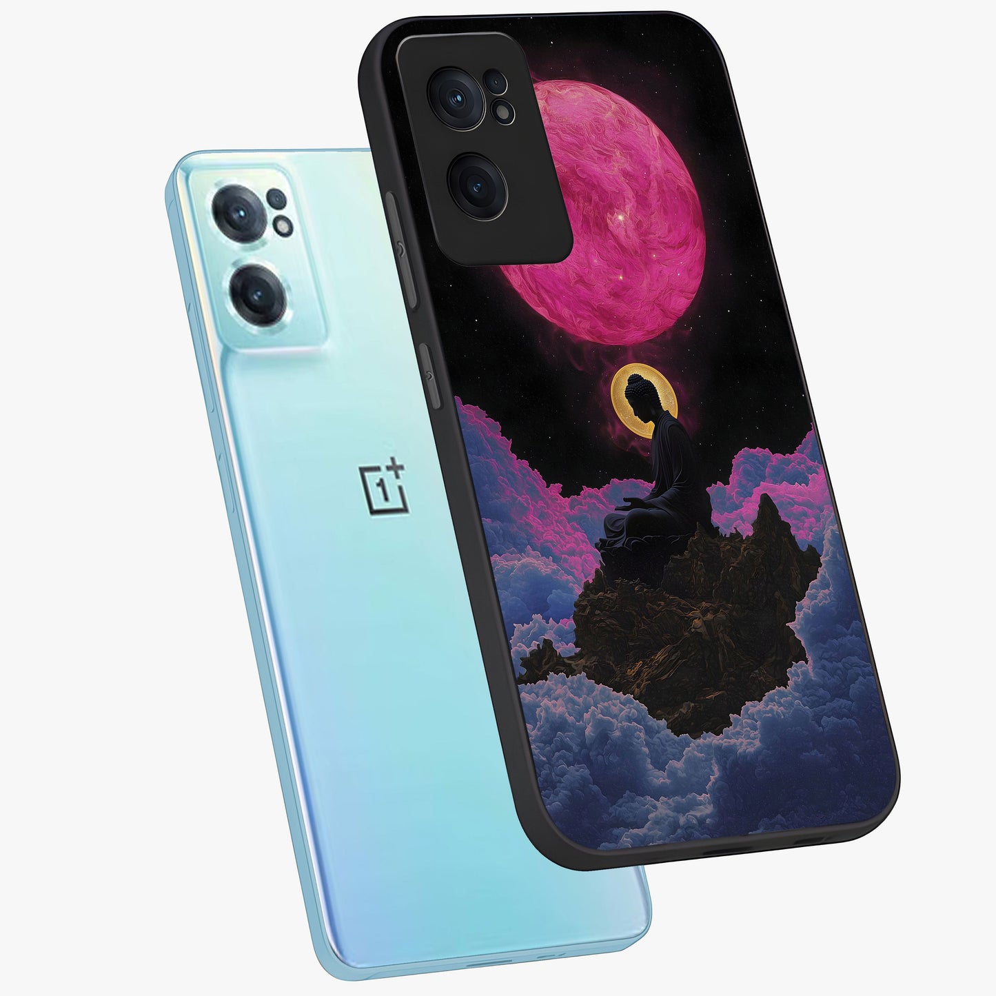 Buddha and Planets Glass Case for 1+Nord Ce 2 side perspective highlighting divine illustration details and premium build