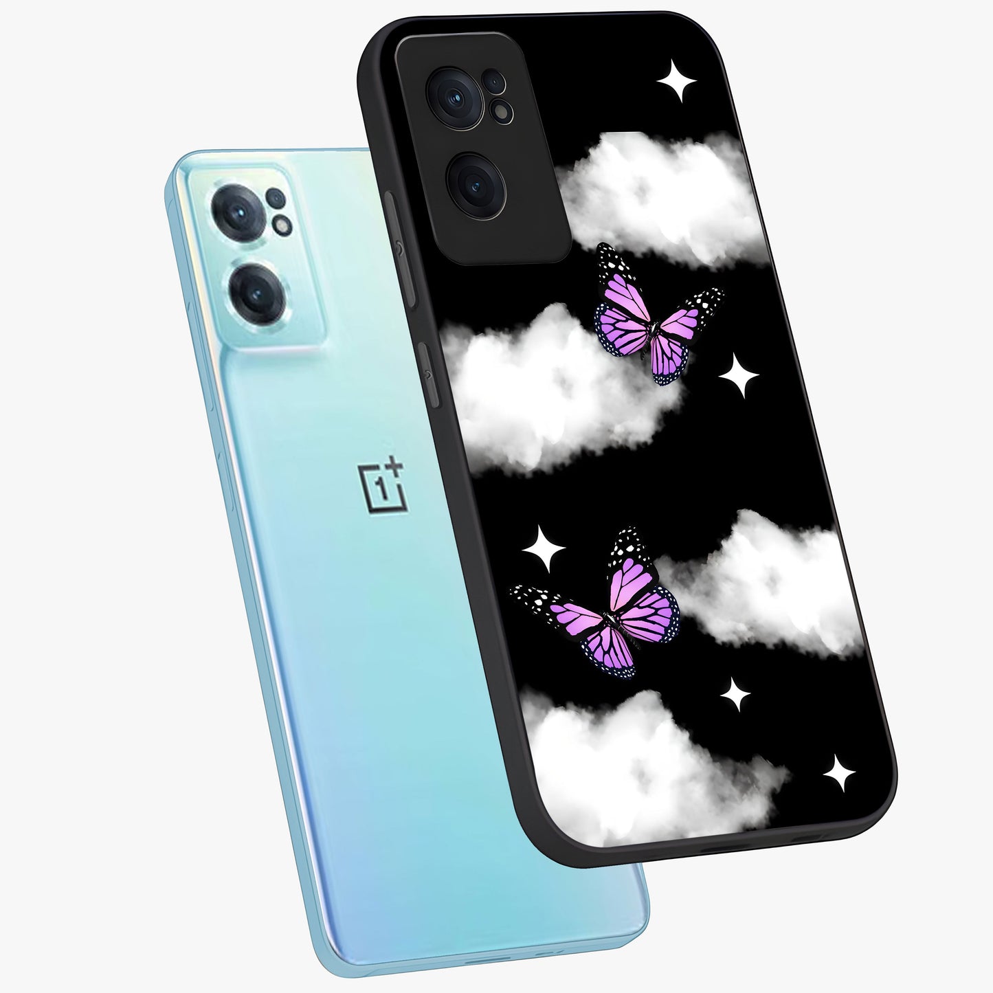 Butterfly Night Drift Glass Case for 1+Nord CE 2 side perspective highlighting glowing butterfly details and sleek edges