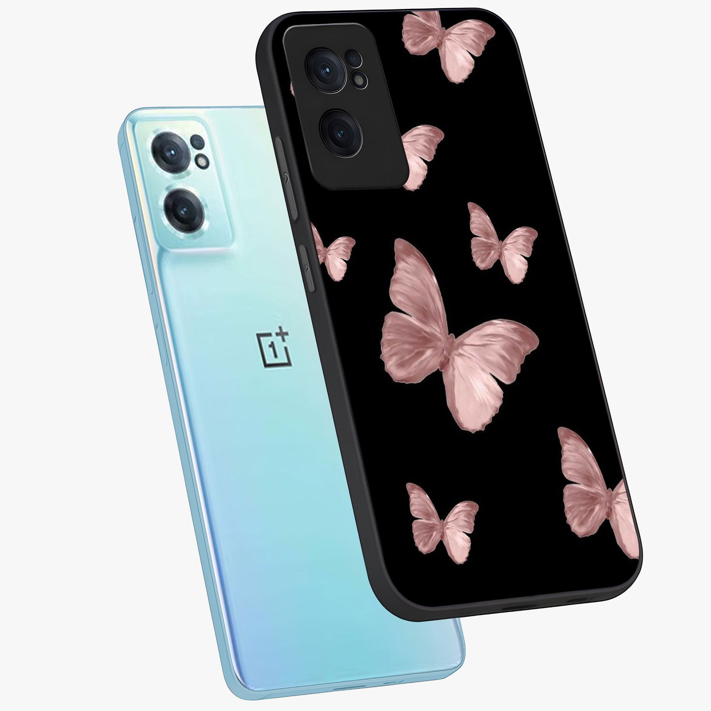 Butterfly Pattern Glass Case for 1+Nord CE 2 side perspective highlighting smooth edges and vibrant butterfly patterns