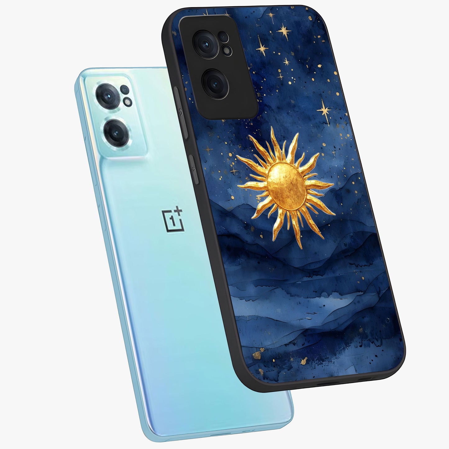 Celestial Blue Glow Glass Case for 1+Nord CE 2 side perspective highlighting vibrant glow detailing and sleek edges