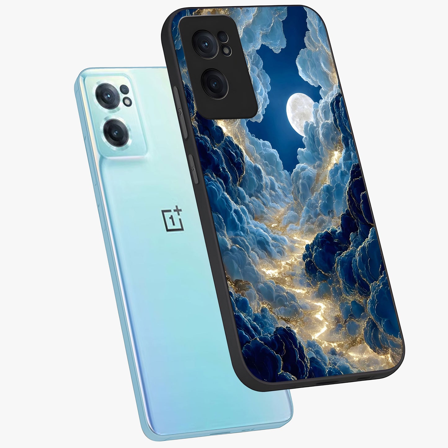 Celestial Cloud Path Glass Case for 1+Nord CE 2 side perspective highlighting airy cloud details and premium build