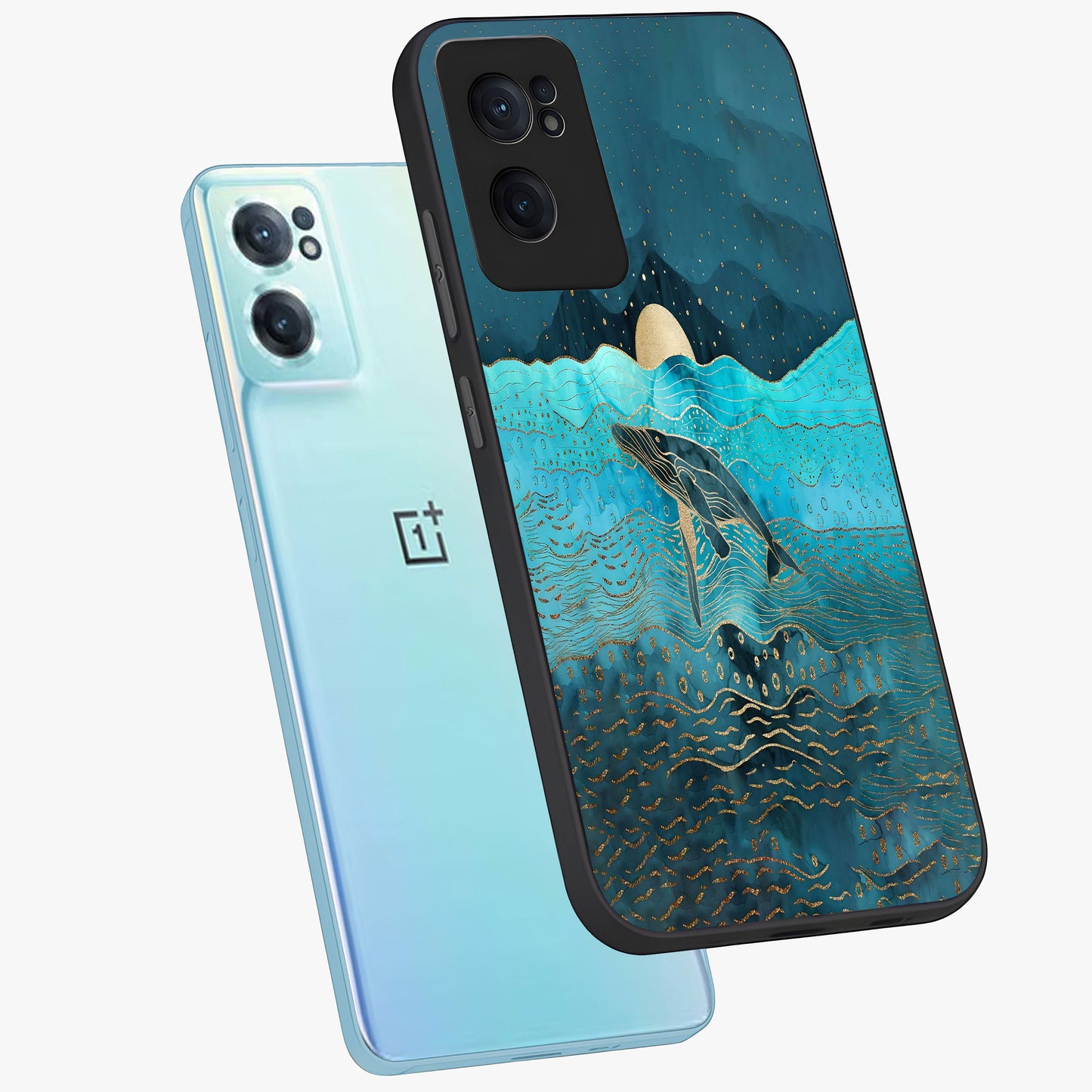 Celestial Whale Voyage Glass Case for 1+Nord CE 2 side perspective highlighting flowing whale illustration and premium detailing