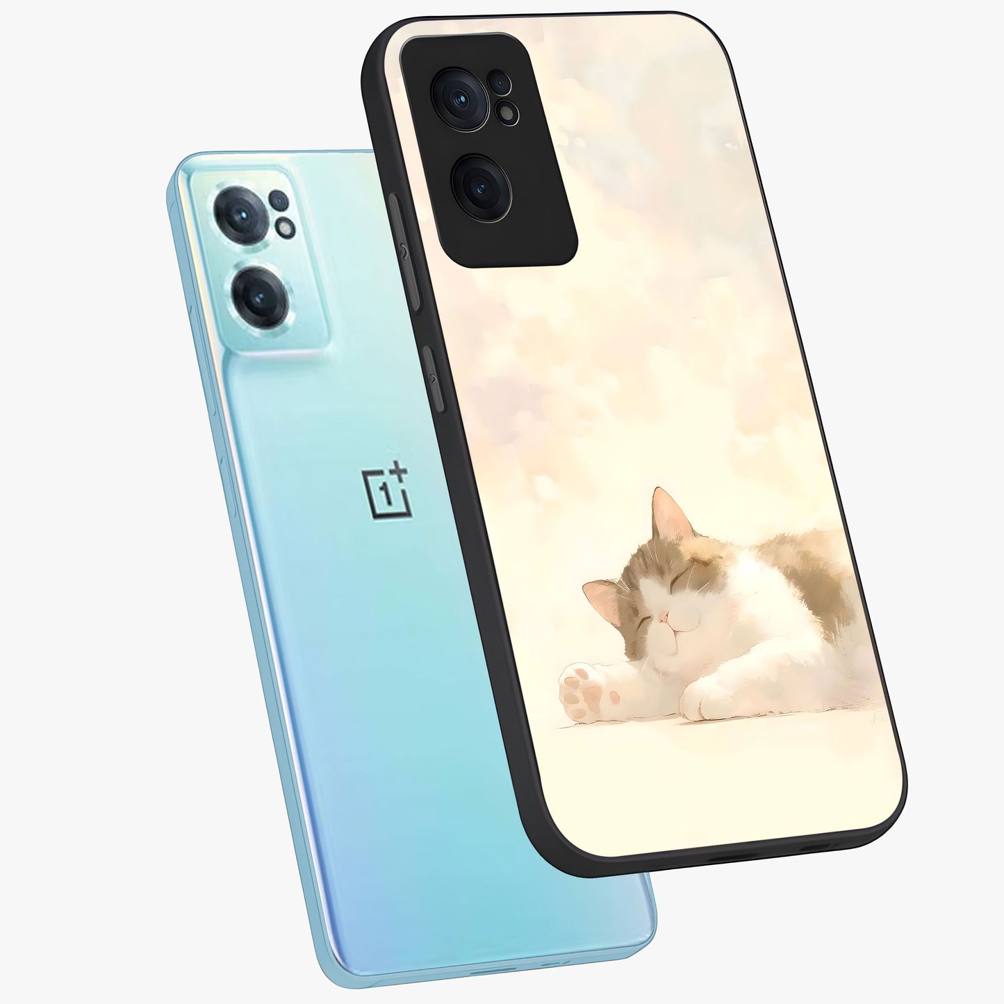 Cloud Nap Cat Glass Case for 1+Nord CE 2 side perspective highlighting charming feline details and premium edge finish