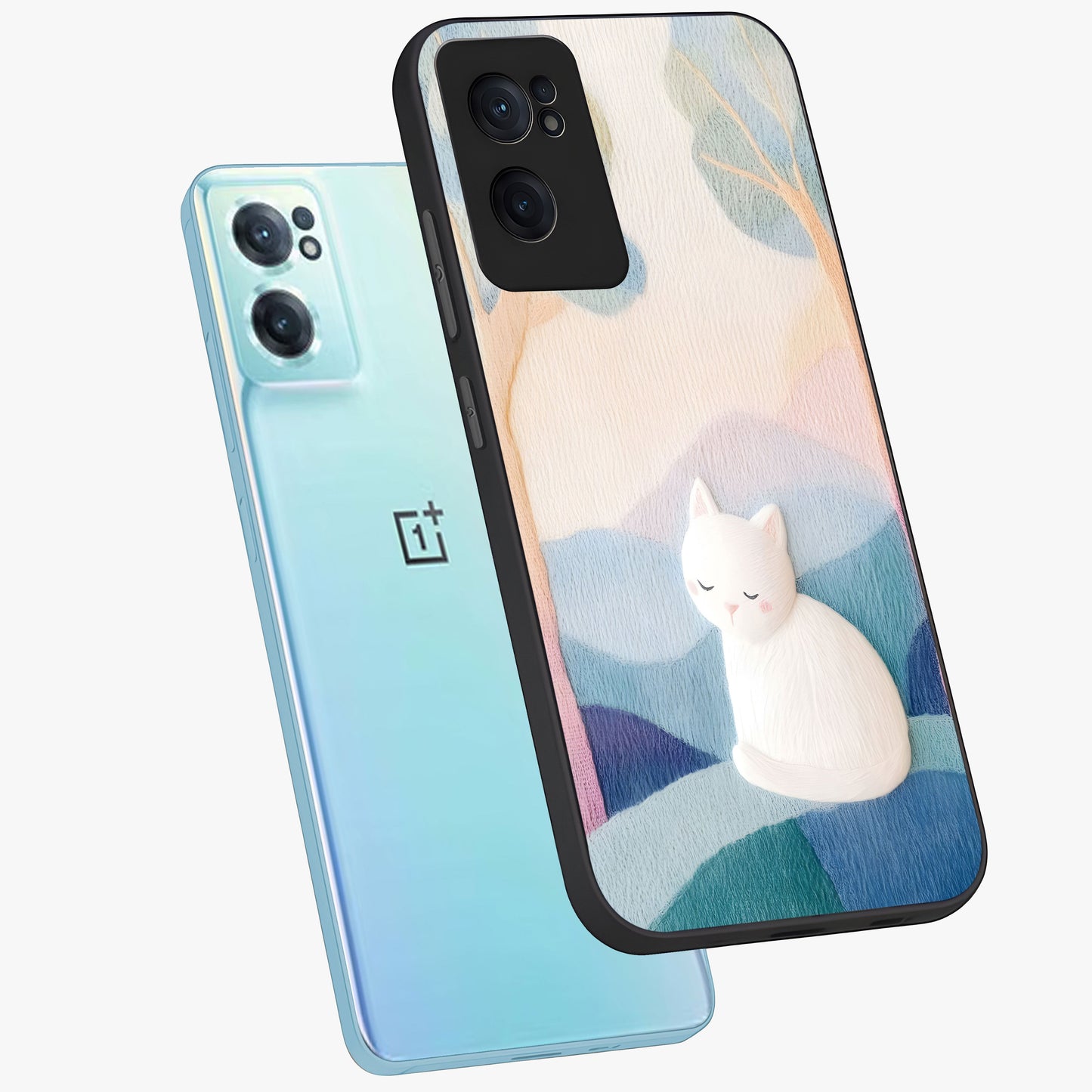 Cotton Dream Cat Glass Case for 1+Nord CE 2 side perspective highlighting cute feline details and smooth premium edges