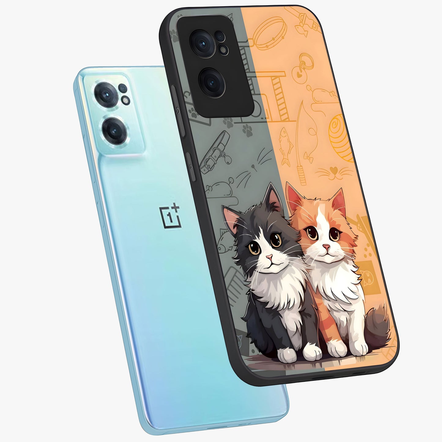 Cozy Cat Duo Glass Case for 1+Nord CE 2 side perspective highlighting playful cat detailing and sleek edges