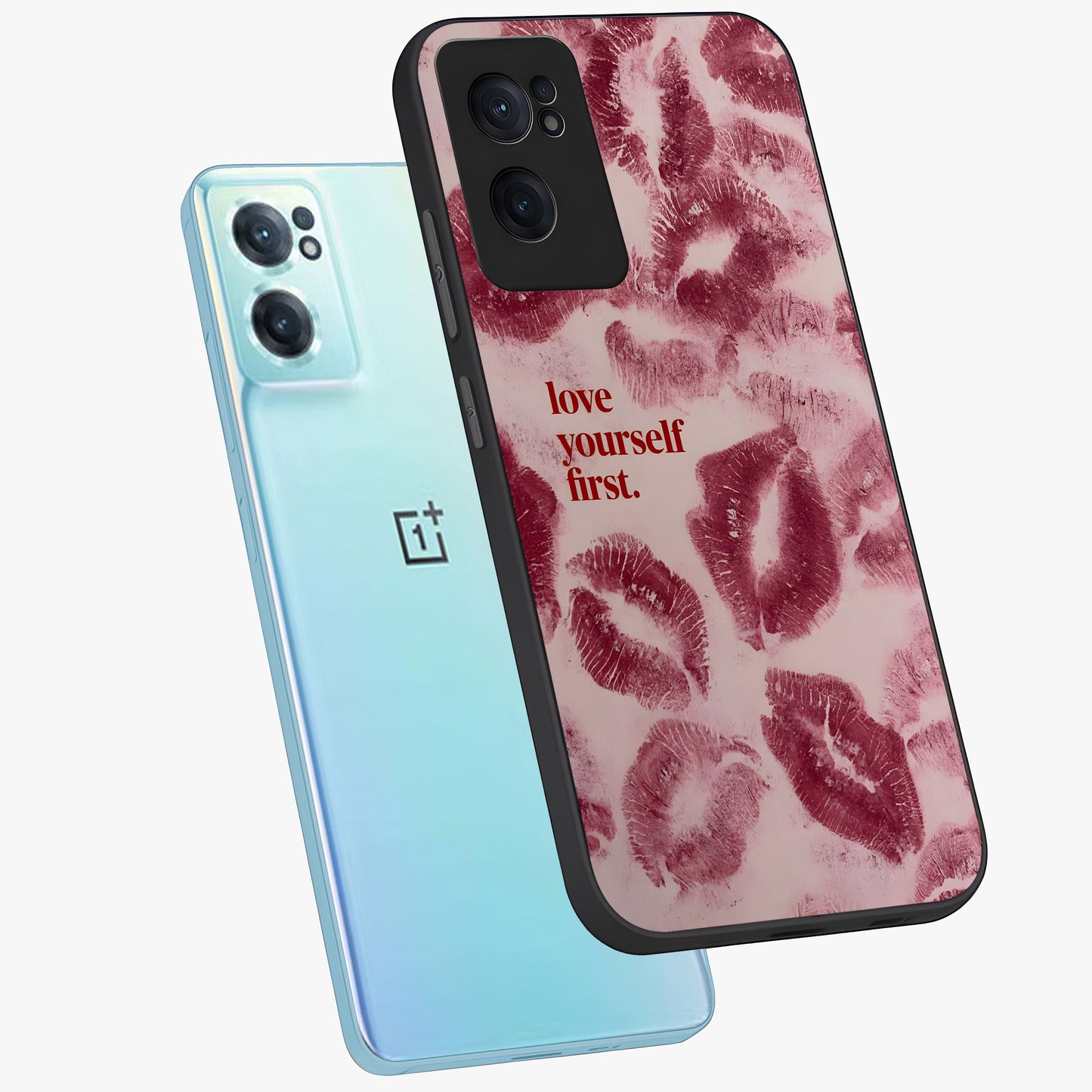 Crimson Kiss Love Glass Case for 1+Nord CE 2 side perspective highlighting elegant detailing and smooth premium edges