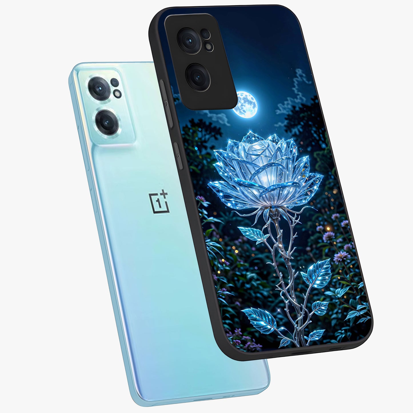 Crystal Moon Lotus Glass Case for 1+Nord CE 2 side perspective highlighting soft celestial tones and premium edge finish