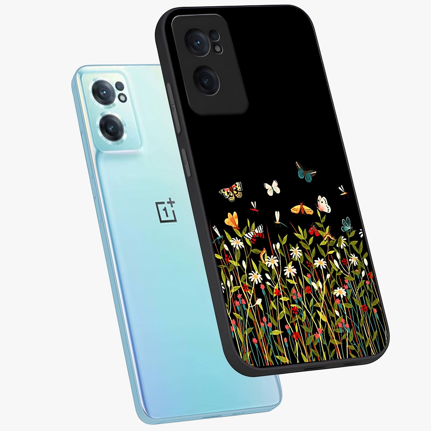 Dark Bloom Wonderland Custom Name Glass Case for 1+Nord CE 2 side perspective highlighting custom typography detailing and smooth edges