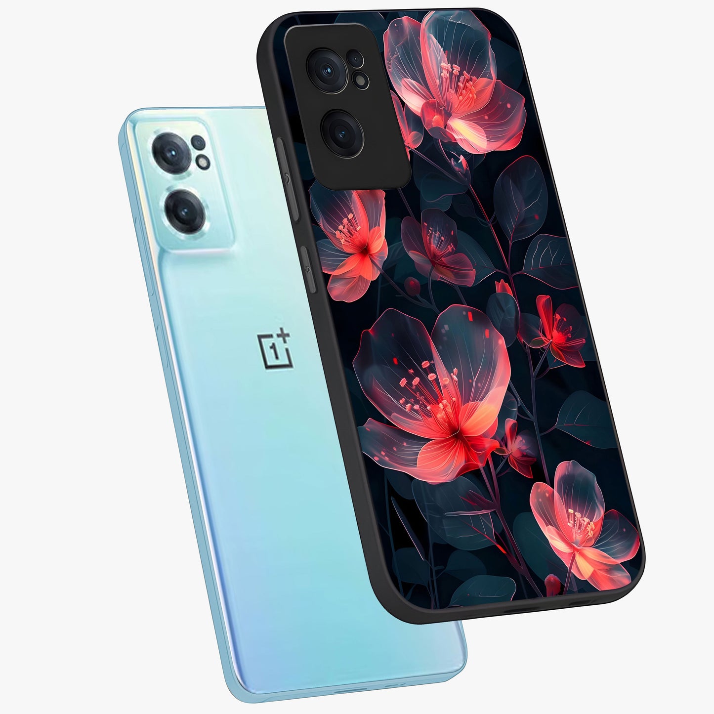 Dark Shade of Flower Glass Case for 1+Nord CE 2 side perspective highlighting elegant dark floral textures and sleek build