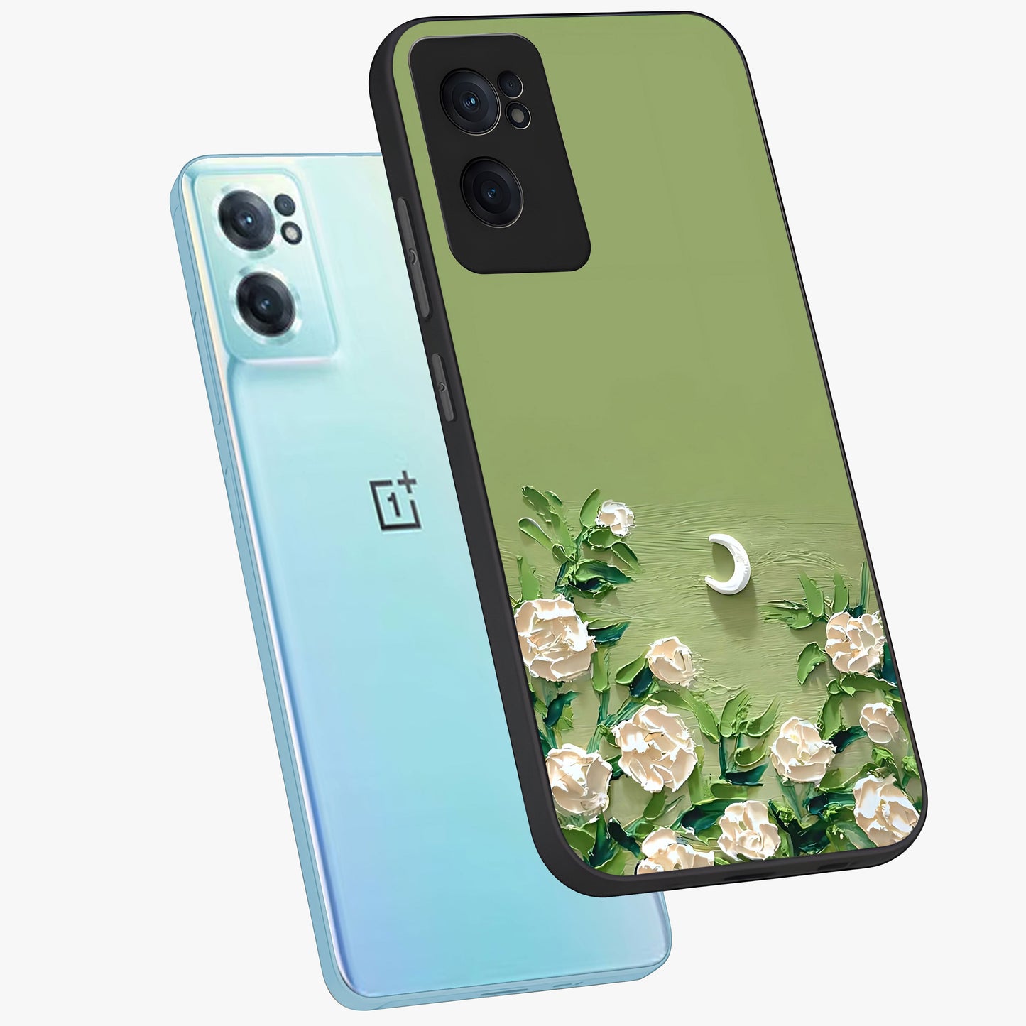 Emerald Bloom Calm Glass Case for 1+Nord CE 2 side perspective highlighting delicate bloom detailing and smooth edges