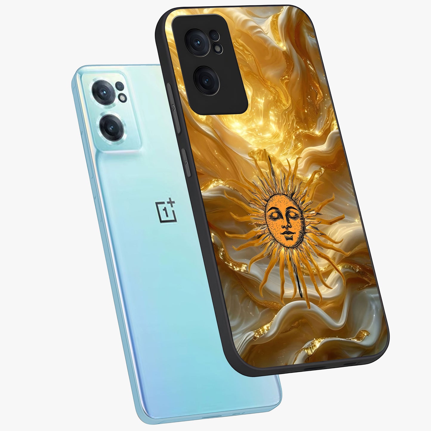 Eternal Golden Glow Glass Case for 1+Nord CE 2 side perspective highlighting rich glow detailing and premium edges