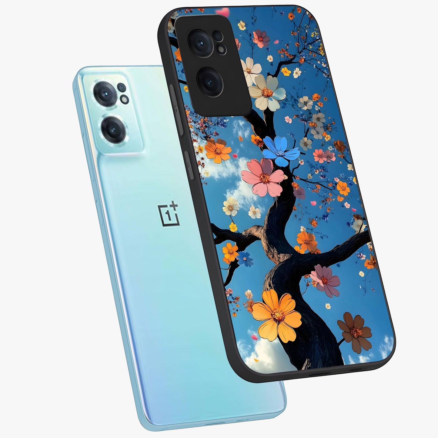 Floral Tree Glass Case for 1+Nord CE 2 side perspective highlighting vibrant floral patterns and sleek edges