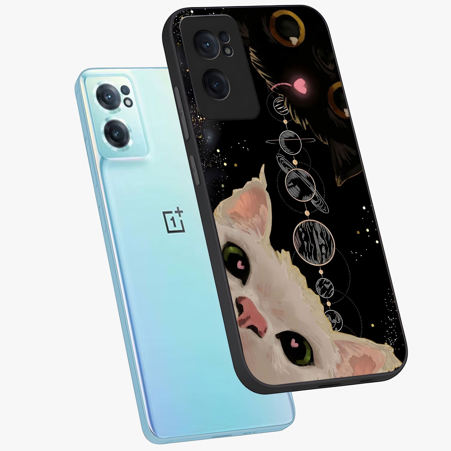 Galactic Cat Glass Case for 1+Nord CE 2 side perspective highlighting celestial feline textures and smooth build
