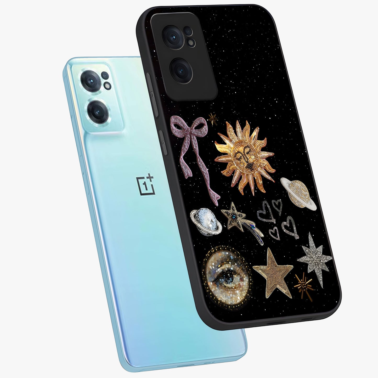 Galactic Sun Charm Glass Case for 1+Nord CE 2 side perspective highlighting glowing sun detailing and premium edge finish