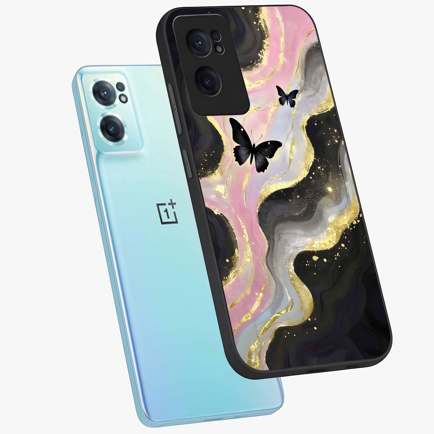 Golden Mist Butterflies Glass Case for 1+Nord CE 2 side perspective highlighting delicate wing textures and premium edges