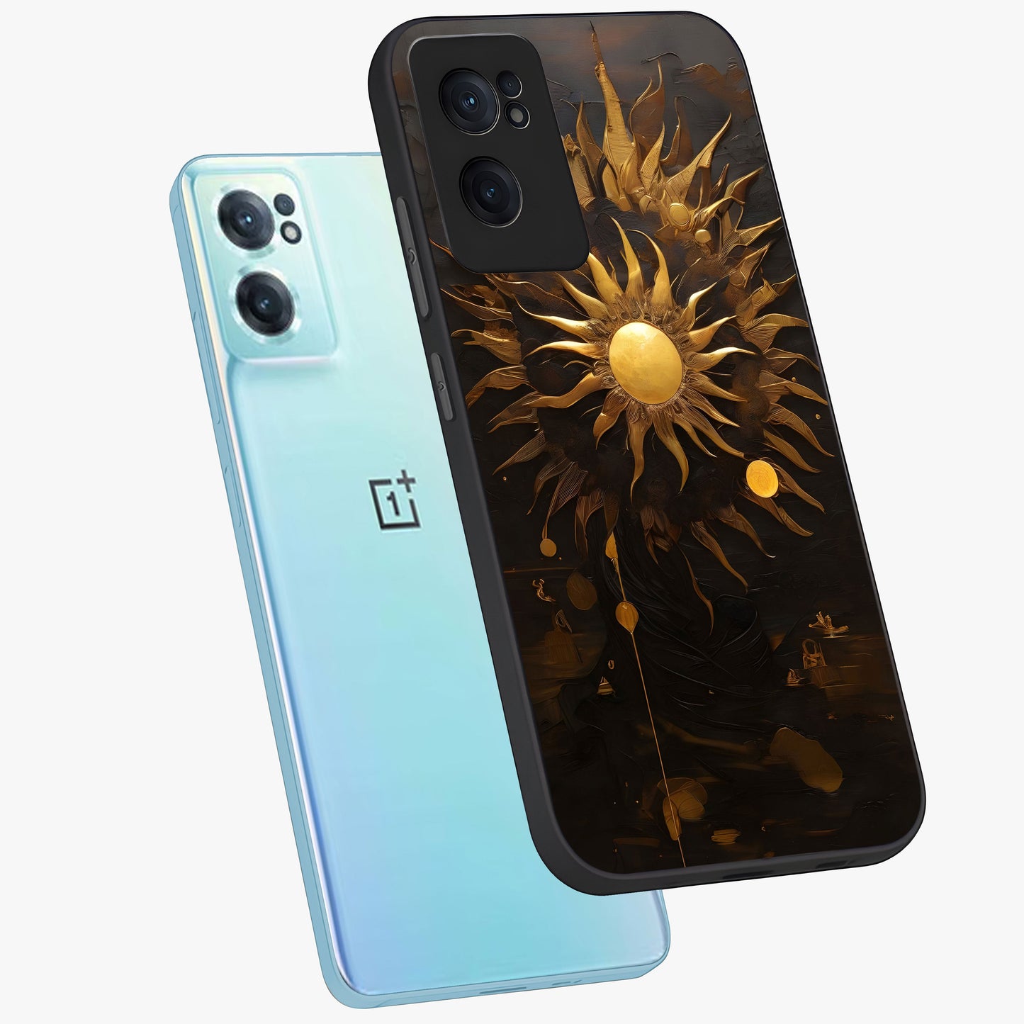 Golden Sun Majesty Glass Case for 1+Nord CE 2 side perspective highlighting glowing sun detailing and premium edges
