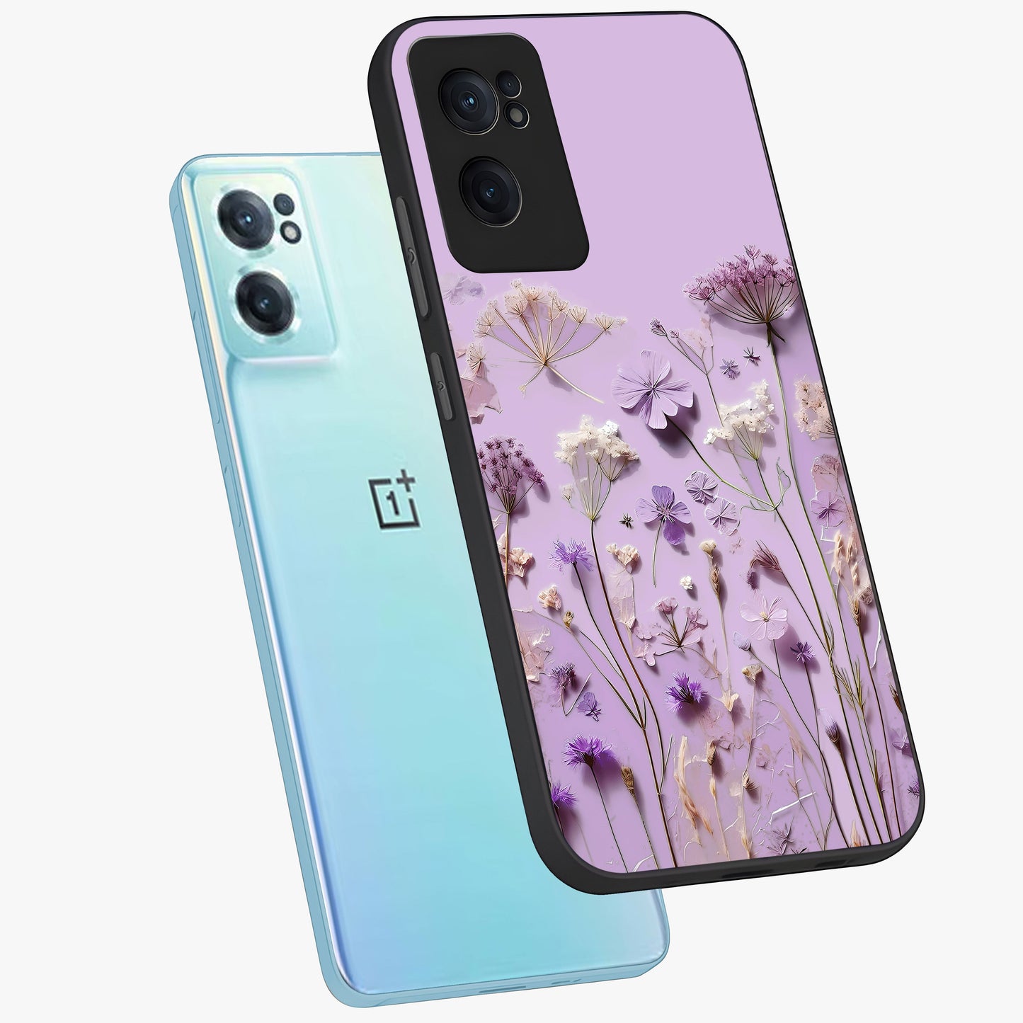 Lavender Blossom Dream Glass Case for 1+Nord CE 2 side perspective highlighting gentle bloom detailing and premium edges