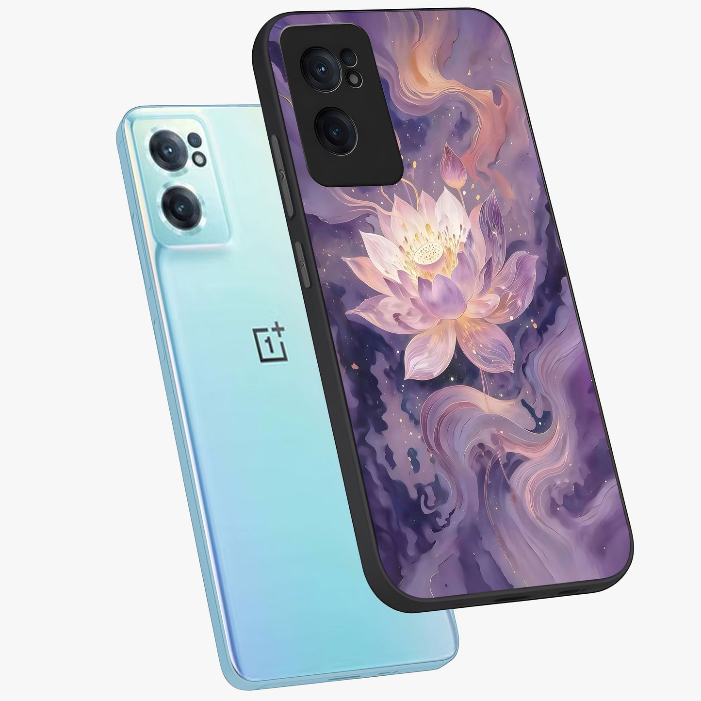 Lavender Lotus Muse Glass Case for 1+Nord CE 2 side perspective highlighting serene lotus textures and premium edges