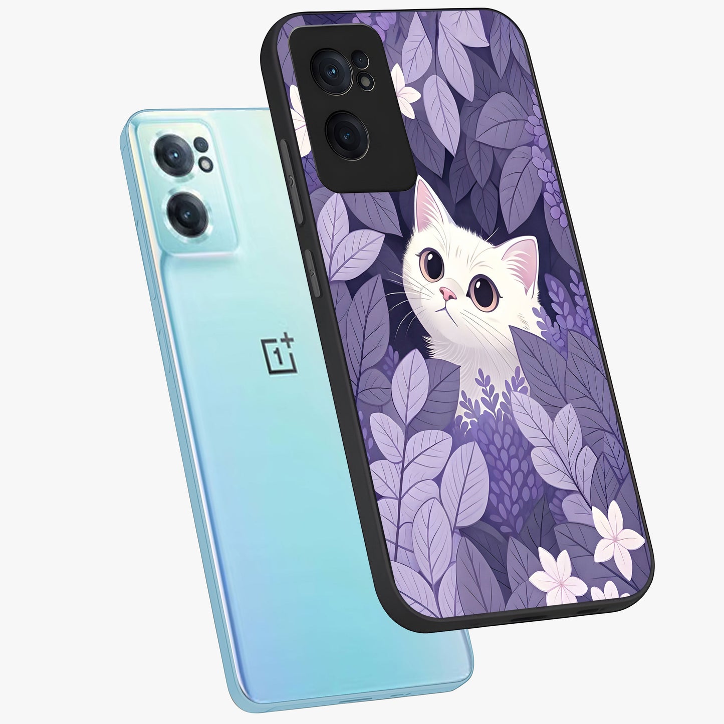 Lilac Hide Peek Cat Glass Case for 1+Nord CE 2 side perspective highlighting charming feline textures and smooth edges