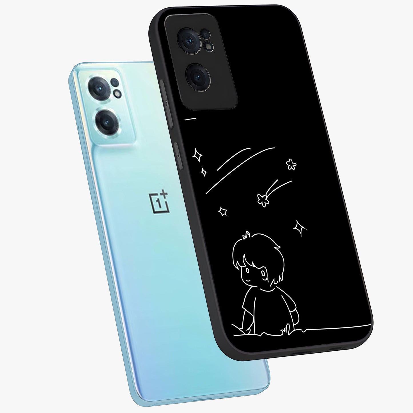 Line Art Boy With Shooting Stars Glass Case for 1+Nord CE 2 side perspective highlighting delicate line textures and smooth edges