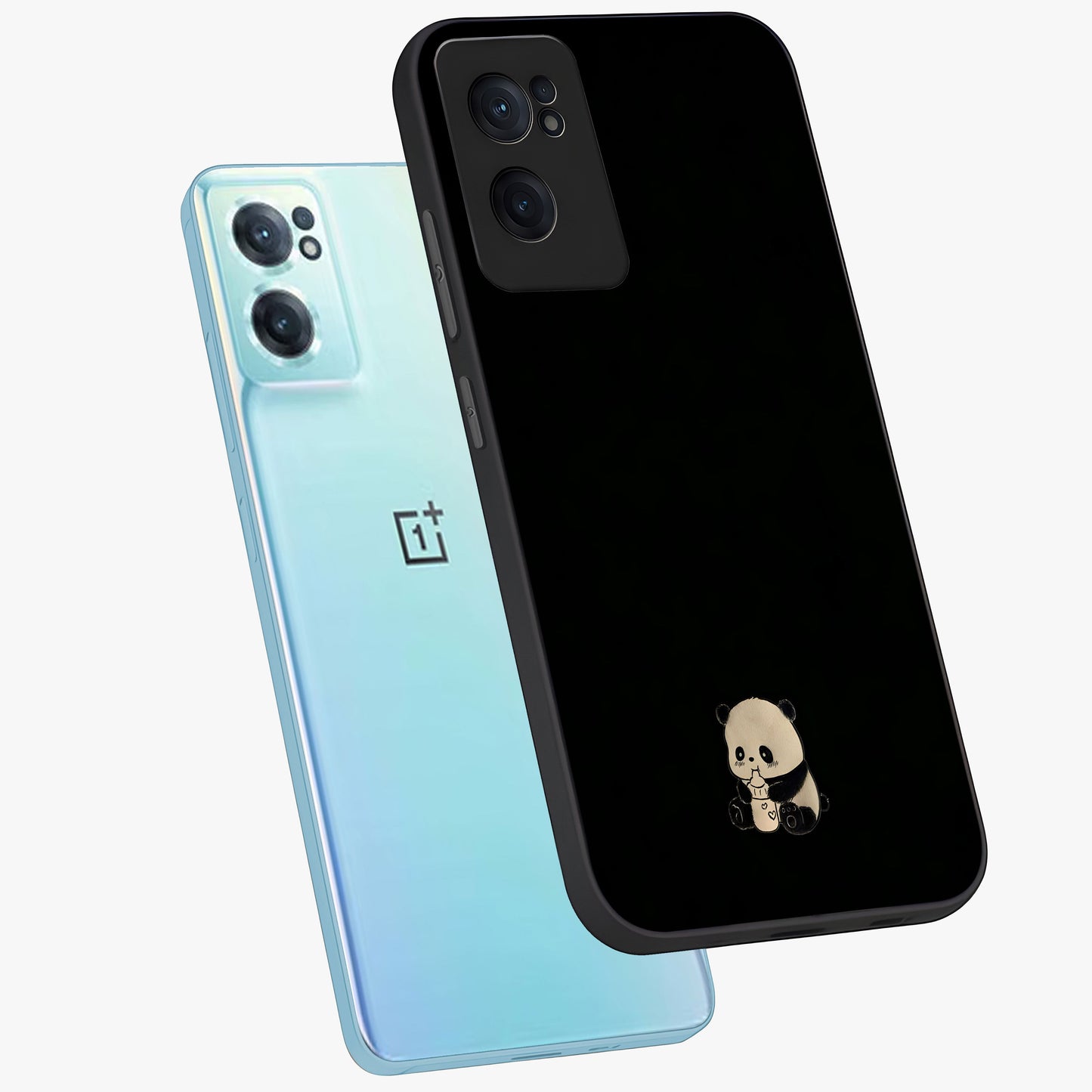 Midnight Panda Love Glass Case for 1+Nord Ce 2 side perspective highlighting charming illustration details and premium build