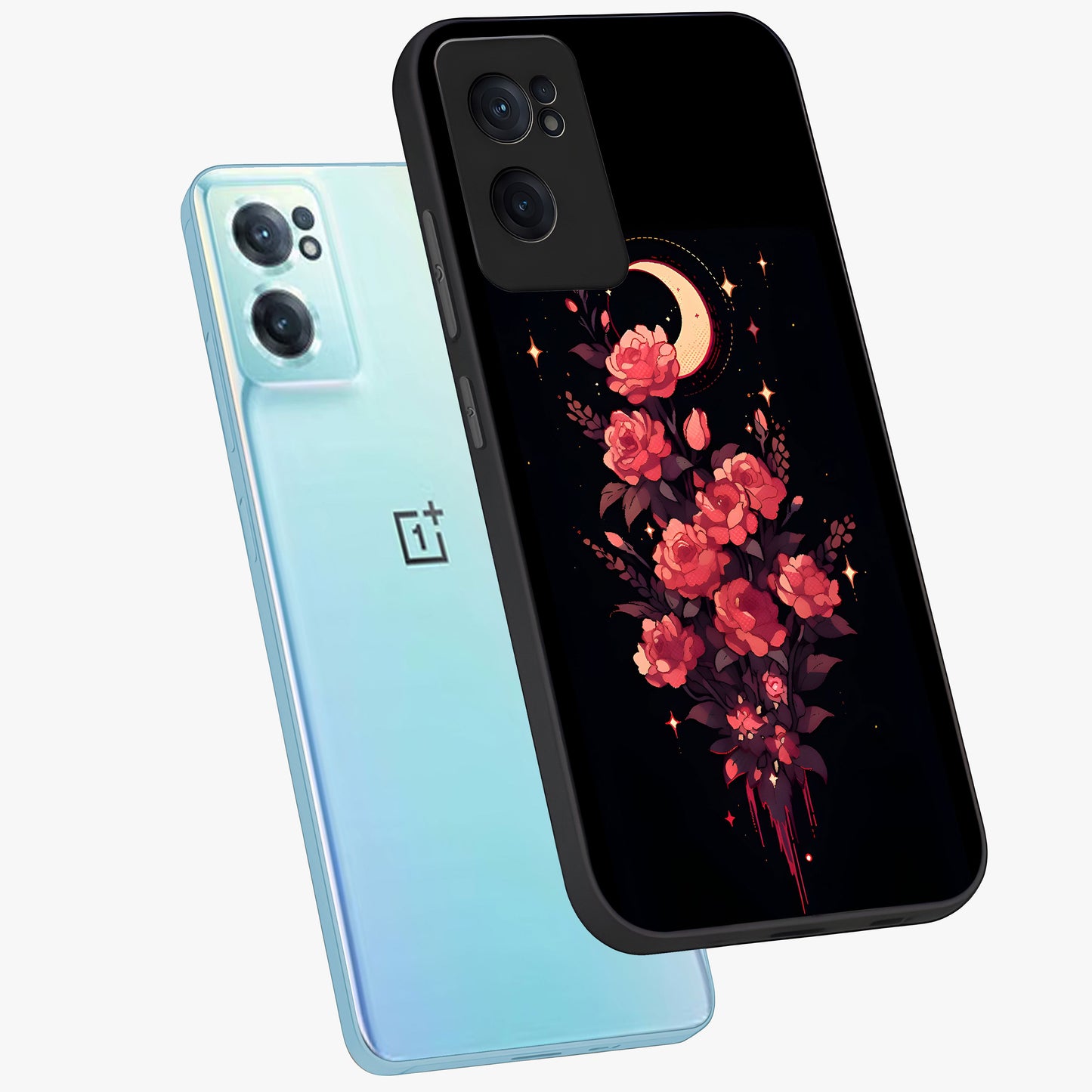 Moonlit Floral Elegance Glass Case for 1+Nord Ce 2 side perspective highlighting elegant bloom detailing and smooth build