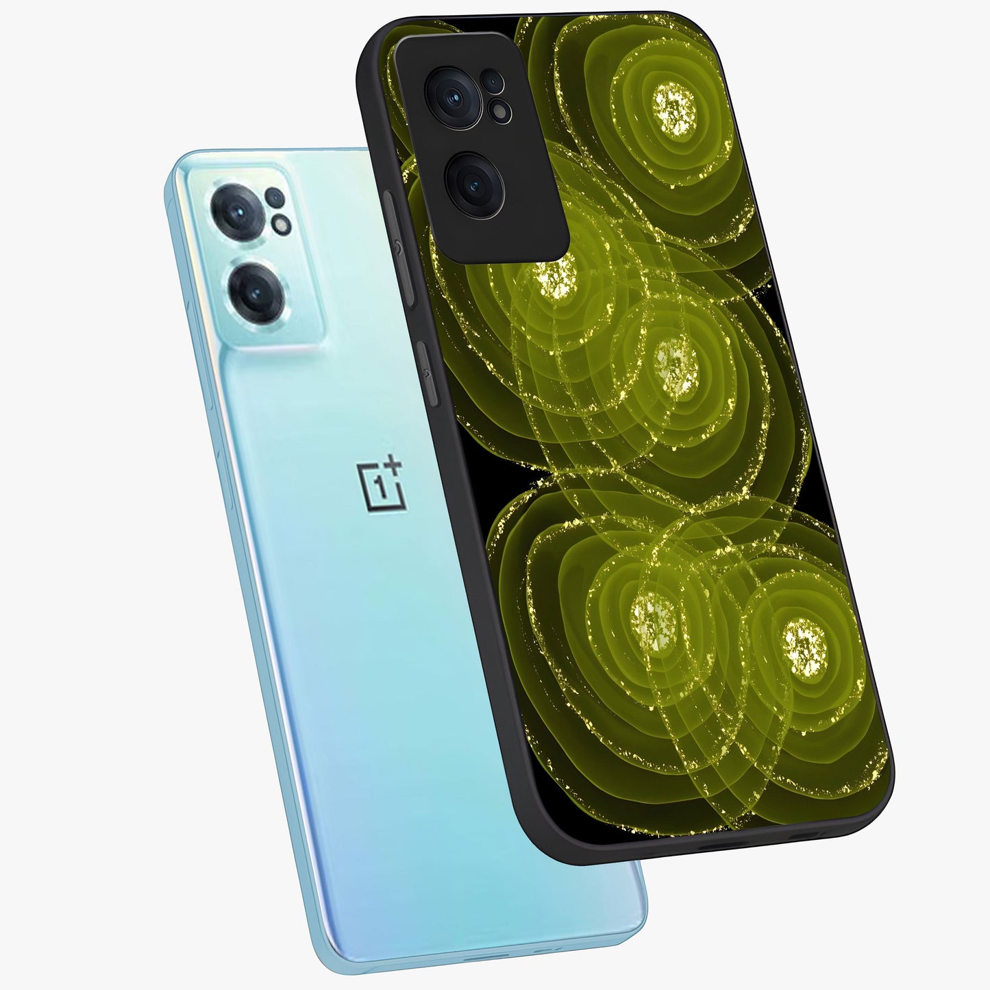 Neon Orbit Bloom Marble Glass Case for 1+Nord Ce 2 side perspective highlighting luminous textures and premium edges